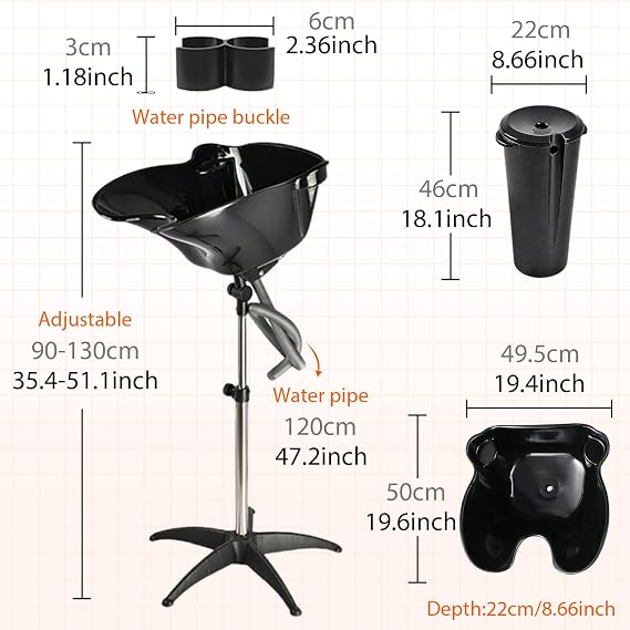 Portable Salon Shampoo Bowl, Height Adjustable Hair Washing Basin with Drain Hose, Black