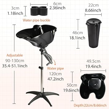 Portable Salon Shampoo Bowl, Height Adjustable Hair Washing Basin with Drain Hose, Black