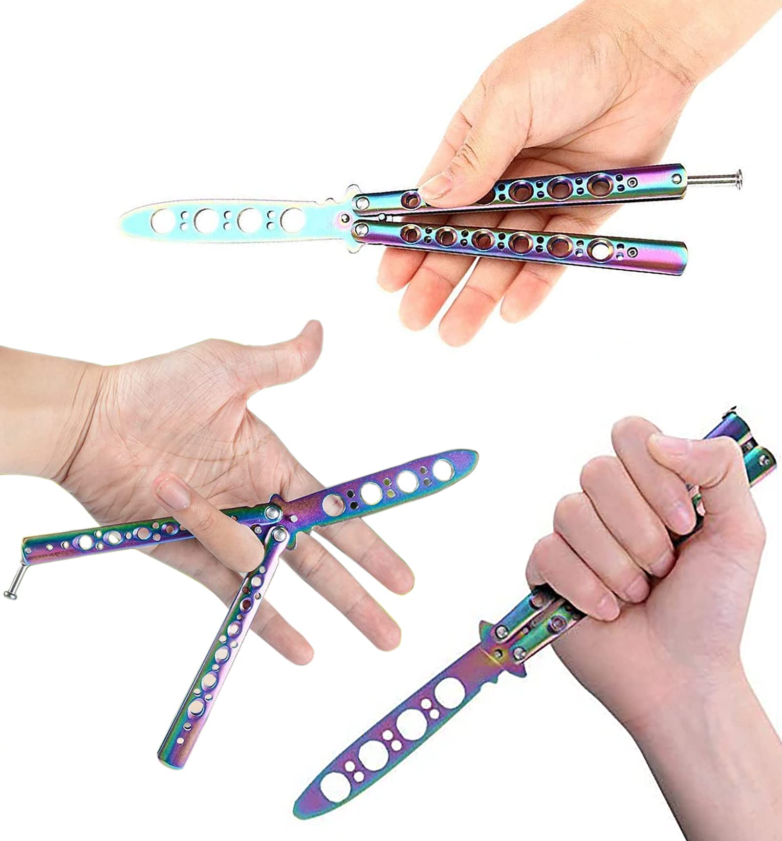Navaja Mariposa Arcoíris de Entrenamiento, Metal Desafilado, Plegable Sin Afilar
