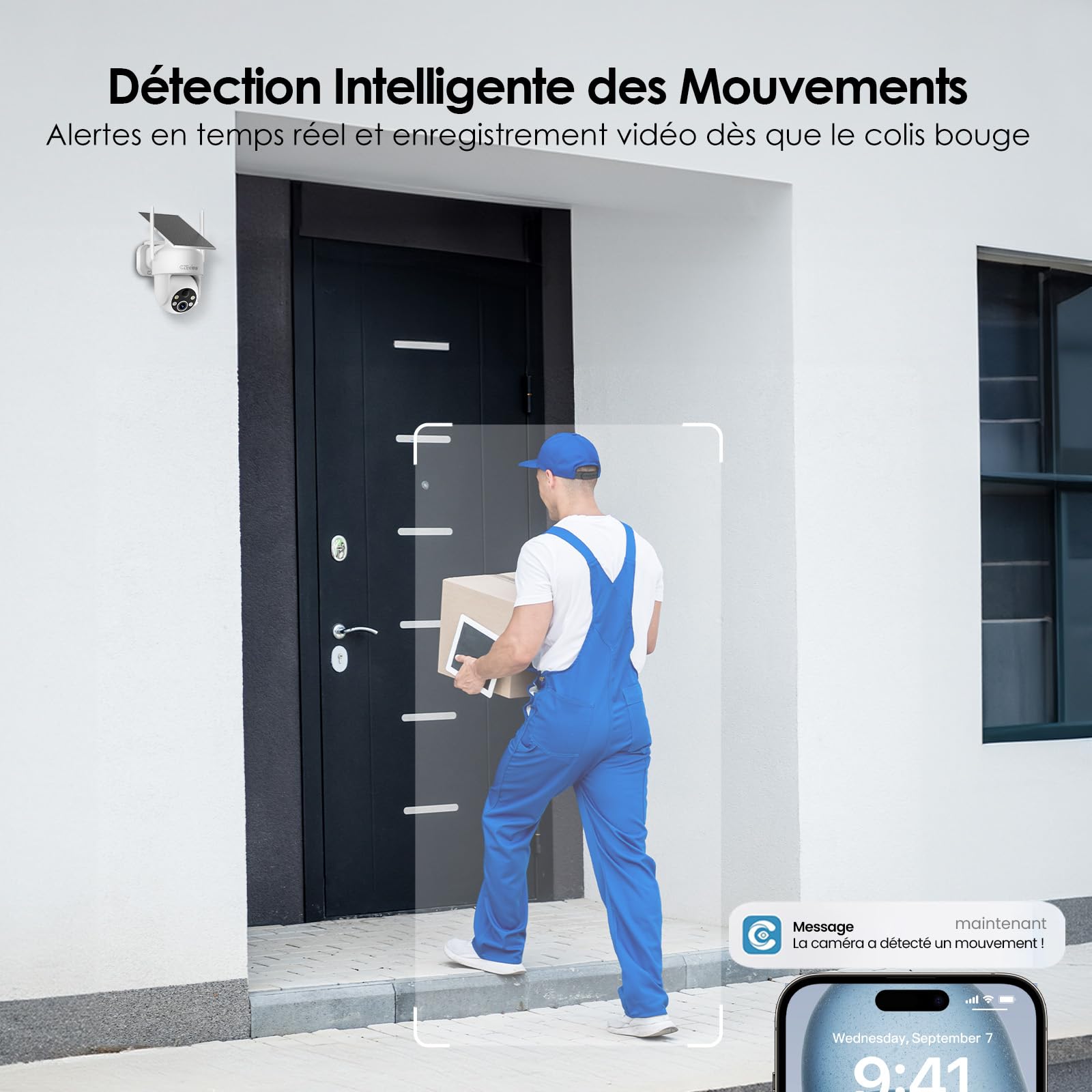 CZEview 2K Camera Surveillance WiFi Extérieure Solaire sans Fil, Blanche | 100 % sans fil, HD 2K, vision nocturne, alertes de mouvement, PTZ 360°, IP65 , grande autonomie de la batterie