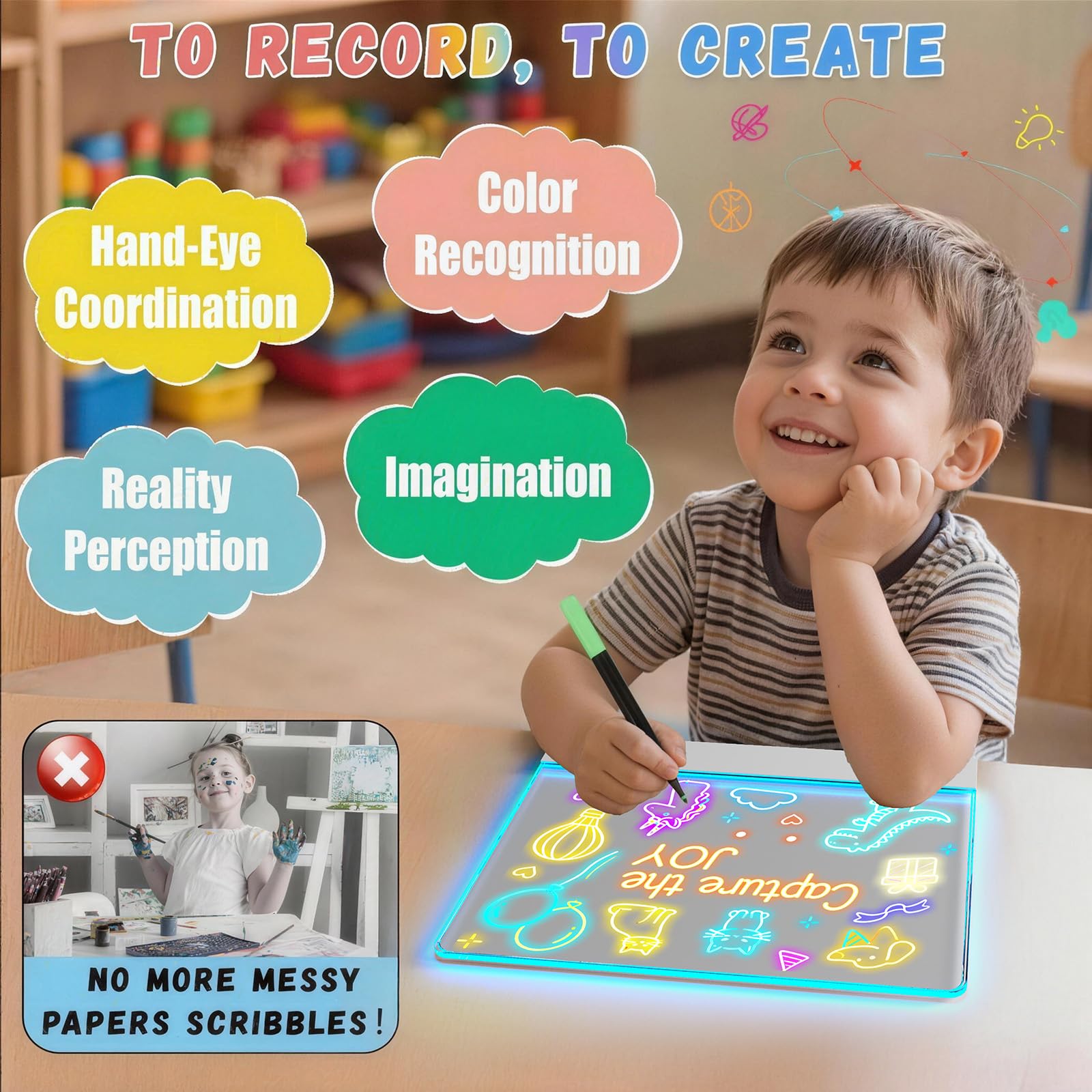 Lavagna da disegno a LED ricaricabile per bambini, 40,6 cm, portatile, con 7 colori, lavagna luminosa in acrilico cancellabile a secco con supporto, regalo di Pasqua, ragazzi e regali di compleanno