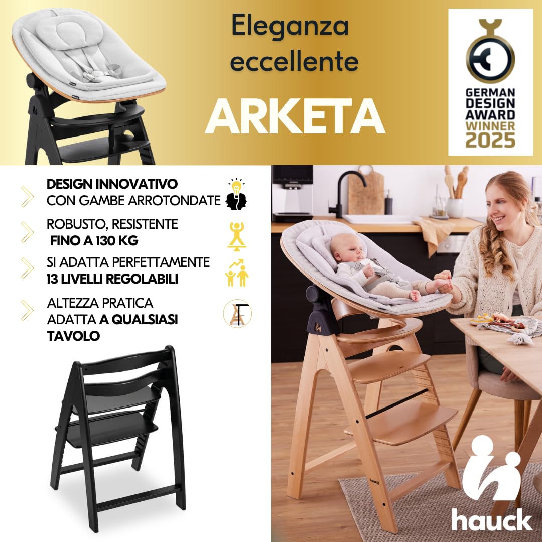 hauck Seggiolone Pappa Arketa Newborn Set Eco Bouncer – Seggiolone Evolutivo Legno Regolabile per Crescere insieme fin dalla Nascita, incluso Sdraietta Neonati e Cuscino (Faggio - Blackwashed)
