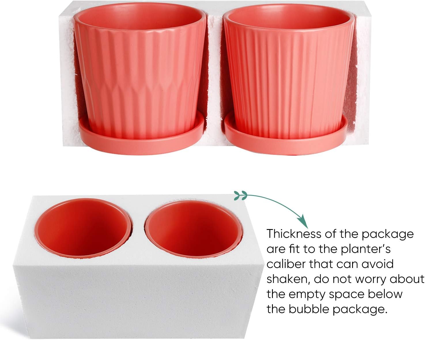 Medium Plant Pots - 6 Inch Coral Cylinder Ceramic Planters with Attached Saucers, Two Line Grain, House and Office Decor, Set of 2