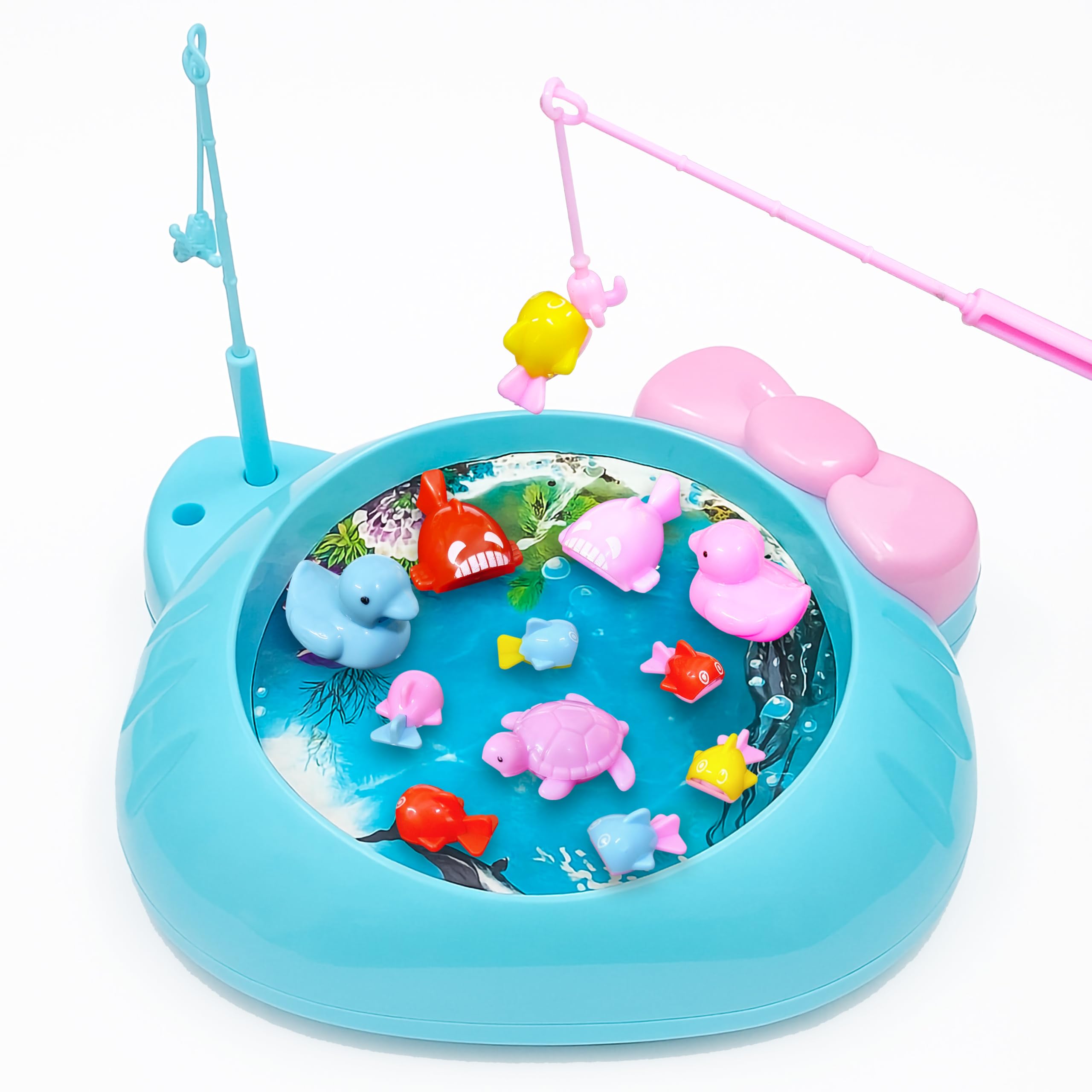 VGRASSP Real Water Pond Kitty Shape Fishing Game Toy for Kids - Rotating Colorful Fish Catching Activity Playset with Rods, Light & Music Interactive Set for Boys Girls - Multicolor