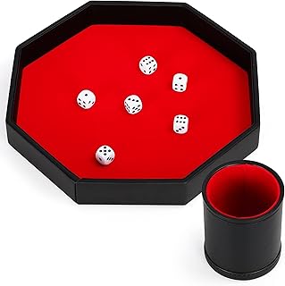 Belle Vous Black PU Leather and Red Velvet Octagon Rolling Dice Storage Tray with Cup & Dice - Dice Holder Box for Tabletop Games Like RPG and DND/D&D with Matching Cup - Catchall Tray for Jewellery