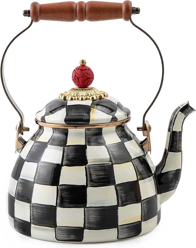 MacKenzie-Childs Courtly Check Enamel Tea Kettle, Decorative Tea Kettle, 2-Quart Capacity