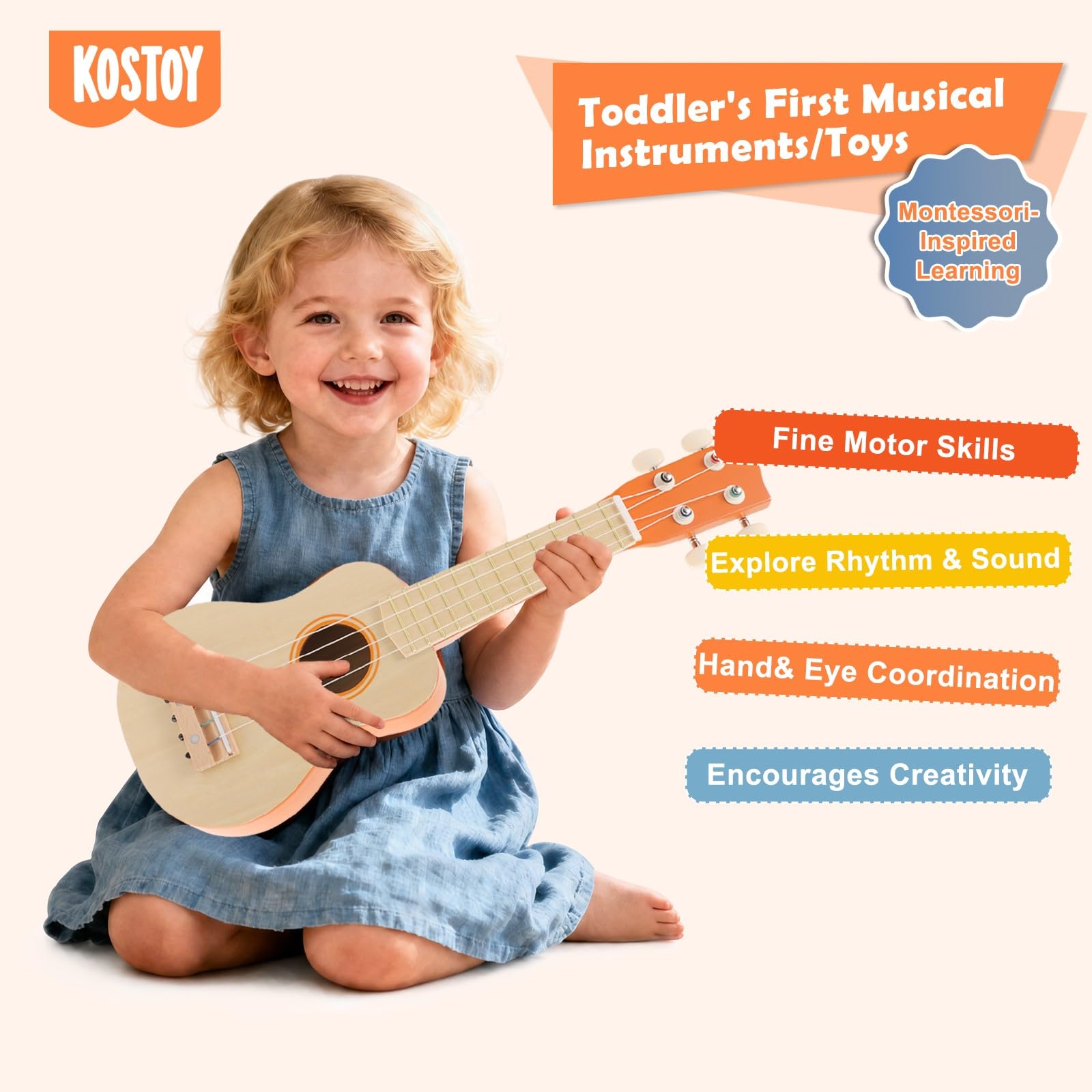 Montessori zestaw gitarowy dla dzieci, 6 w 1, drewniane instrumenty muzyczne dla małych dzieci w wieku od 2 do 3 lat, z ukulele, ksylofonem, tamburynem i marakasami, na urodziny dzieci od 2 lat