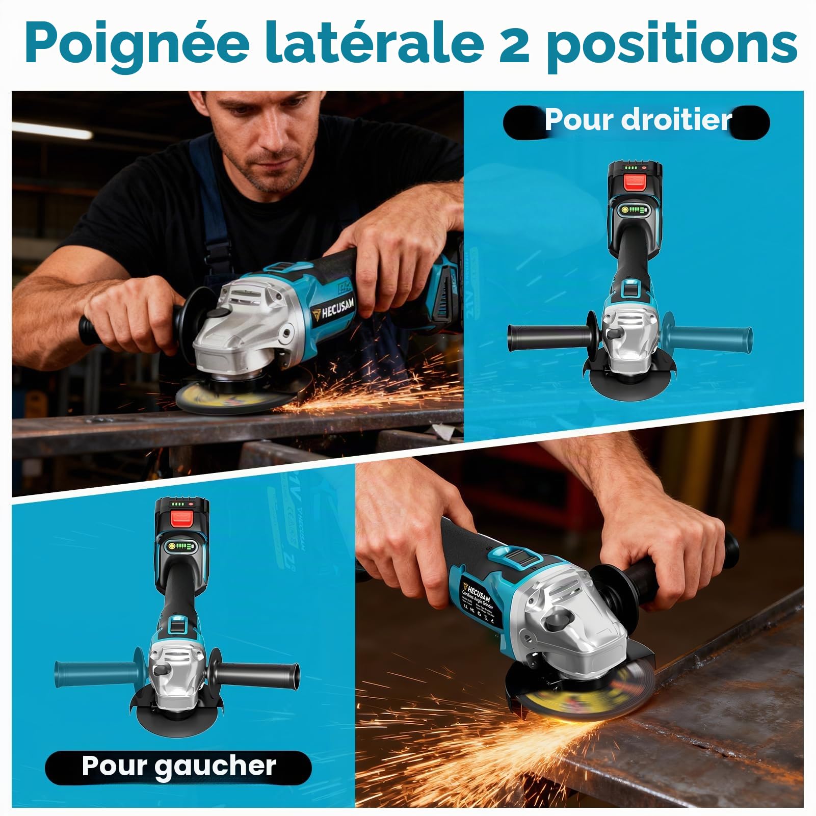 Meuleuse D'angle 125mm Sans Fil Flex, Set Avec 2x 4.0Ah Batterie, Moteur Sans Balais 1200W 4 Vitesses 10500RPM, 10 Disques de Coupe Pour Coupe, Meulage Et Brossage (blue)