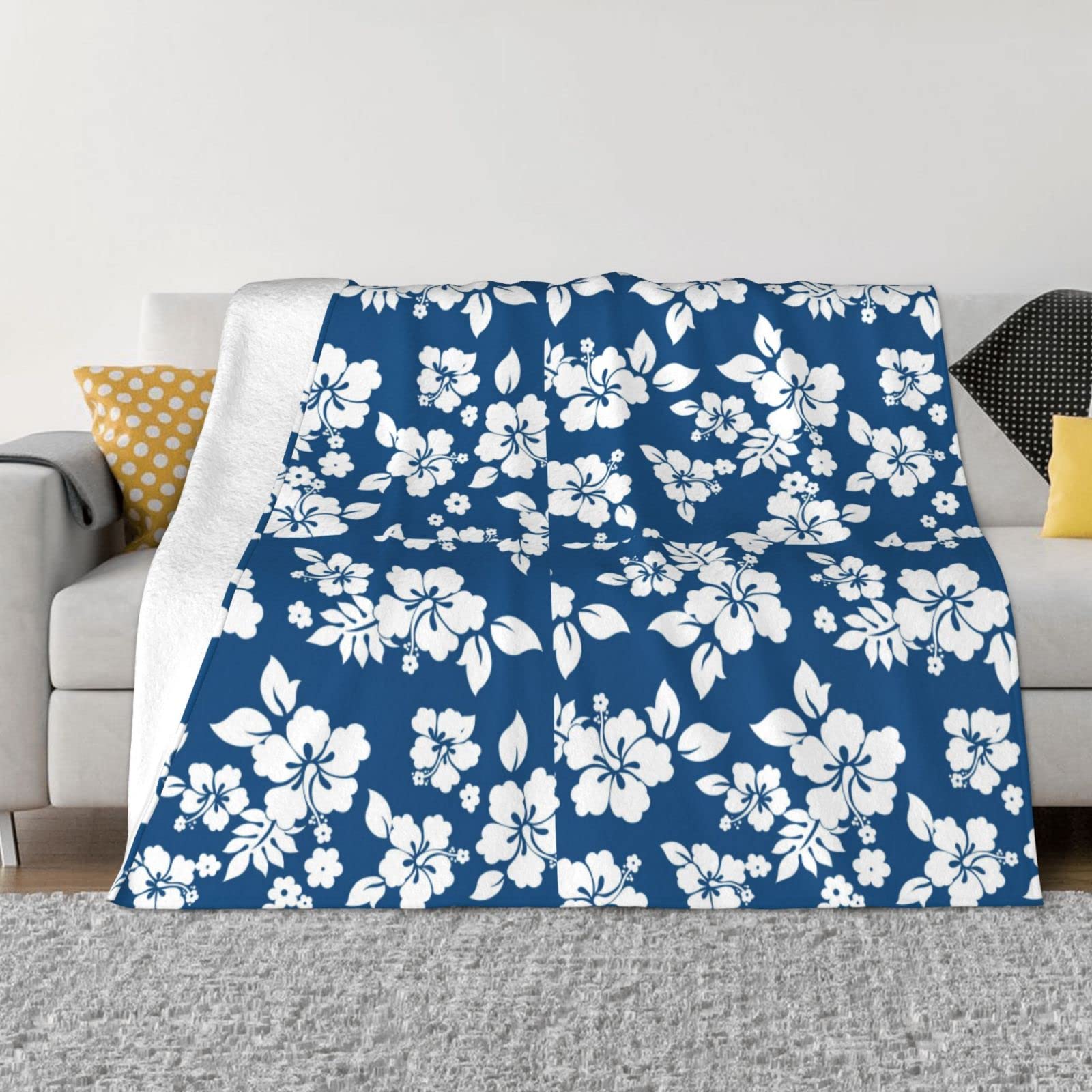 Coperta in micro pile ultra morbida con fiori hawaiani, 200 x 160 cm, per letto, divano, viaggio, campeggio, soffice e accogliente lavabile in lavatrice