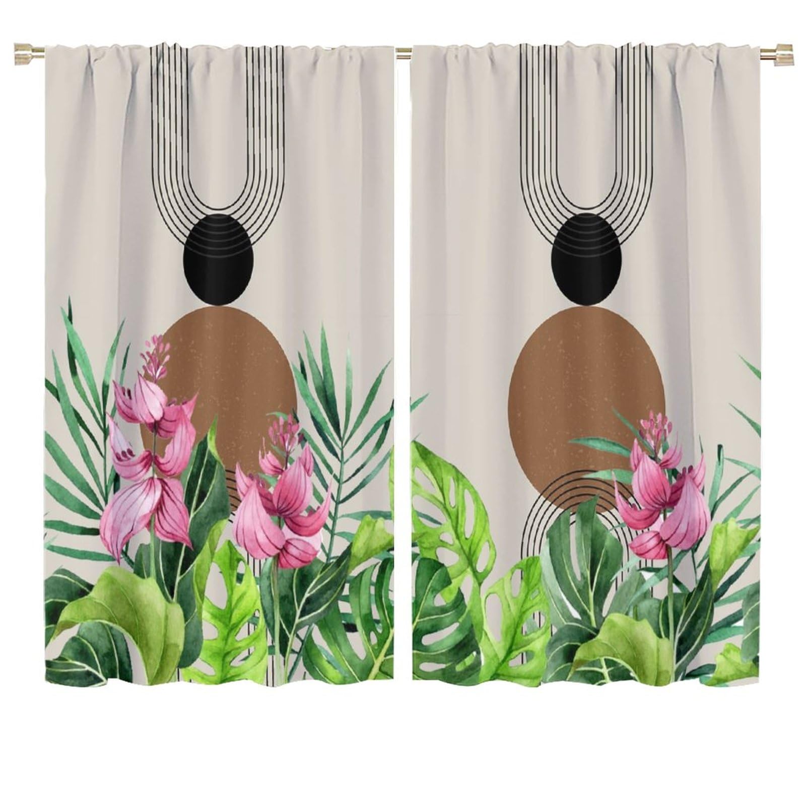 Boho Mid Century Blackout Curtains - Abstract Modern Mountain Sunrise with Leaves for Home Kitchen Livingroom Coffee Room Curtains Window Drapes 2 Panels 72x63in