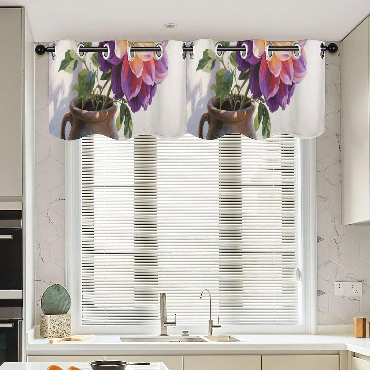Colorful Flower Valance for Windows, 2 Pack Kitchen Curtains Modern Home Decor, Soft Blackout Window Curtains for Living Room & Bedroom, 18 X 52 Inch