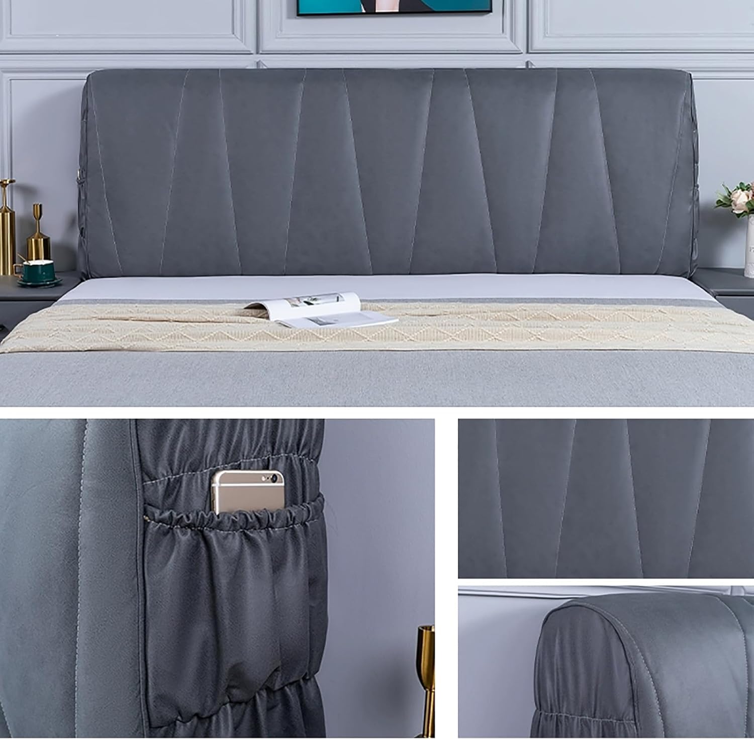XOUVY Bed Headboard Cover Full Size Bed Headboard Slipcover,Waterproof and Dustproof Headboard Covers, Thickened Upholstered Stretch Bed Head Cover for Small Double Bed