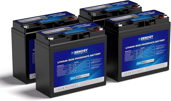 RENOGY REGO Lithium Battery 4PCS 12V 20AH Mini Trolling Motor LiFePO4 Battery, 20A BMS, IP65 Waterproof, Deep Cycle Battery for Kayaks, Scooters, Emergency Kits, Size 3.03 x 7.13 x 6.61, 5.9 LBS