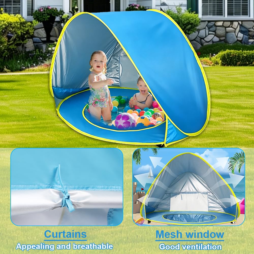 Tenda da Spiaggia Pop-up, Tenda da Spiaggia Bambini con Mini Piscina e Borsa, Tenda per Neonati Pieghevole Portatile Protezione Solare Anti-UV 50+, Tenda Spiaggia Bambini per Campeggio