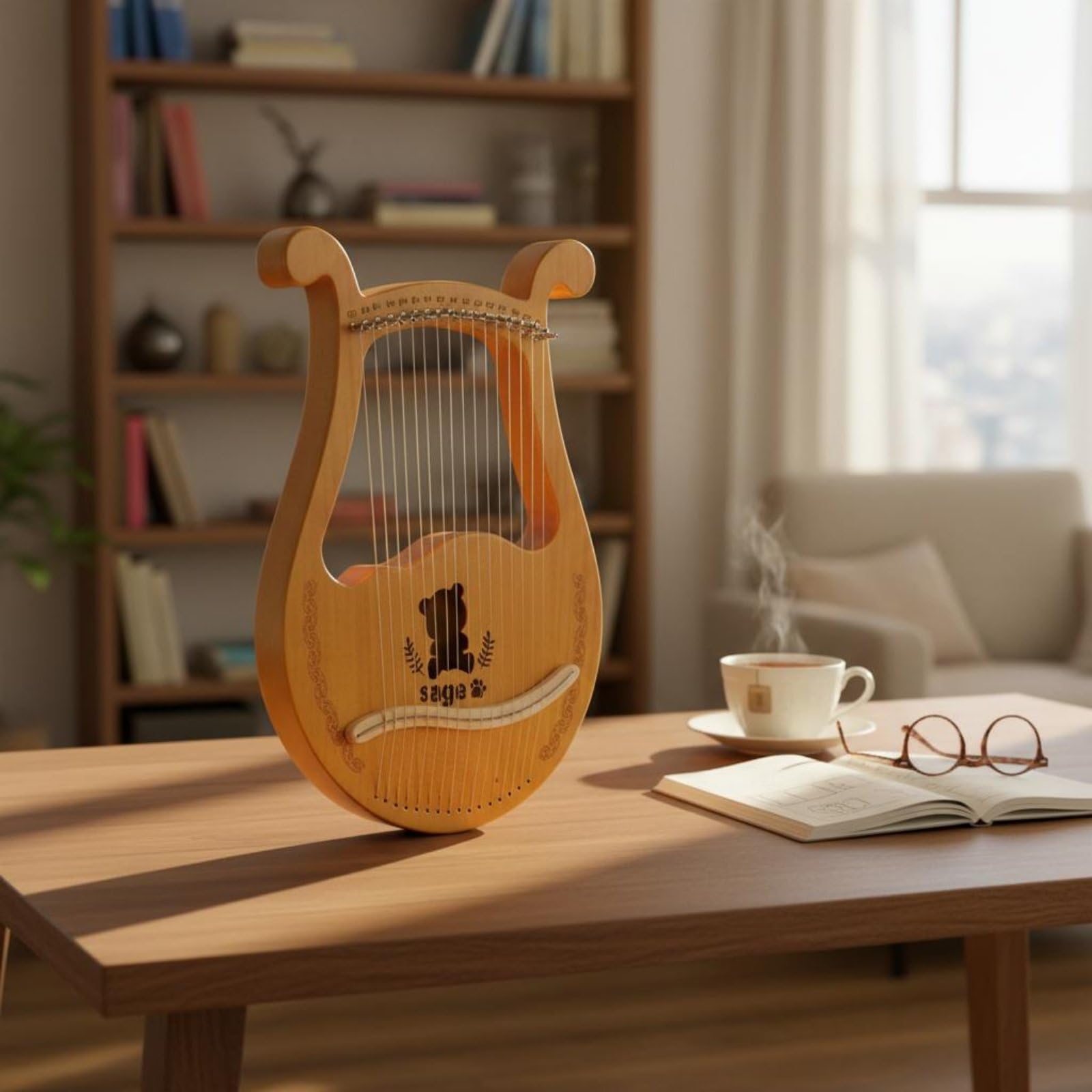 Lira Arpa Lira Strumento Cordofono Portatile Principianti Legno di E Abete con Note Incise su Ponte Suono Rilassante Adatta per Studio Musica, 19-Corde, Scatola Legno Grano 1