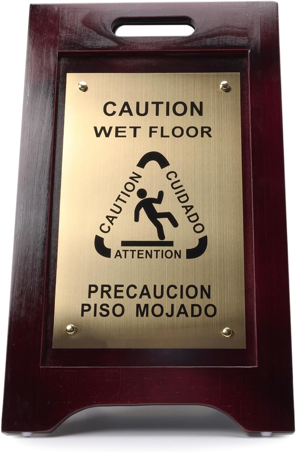 Premium Wooden Caution Wet Floor Sign – Bilingual w/Non-Skid Plastic Feet – For Hotels, Schools, Offices, Areas, Restrooms, Pool Decks & Shops - Brass Plate - (2 Pack)