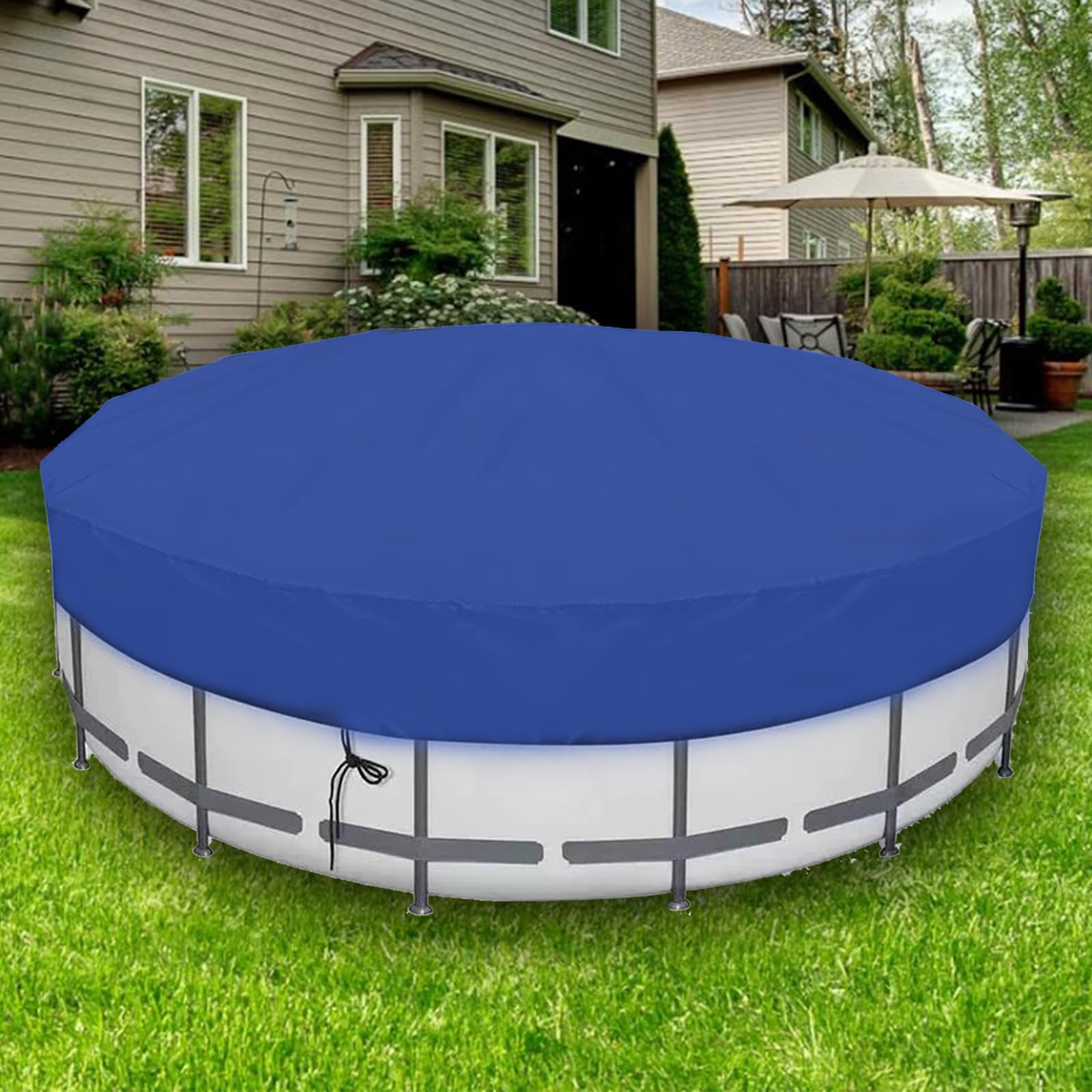 Cubierta redonda para piscina de 10 pies con cordón, tela duradera resistente al desgarro para piscinas sobre el suelo, evita hojas y escombros, fácil instalación, color azul, se adapta a 366 cm