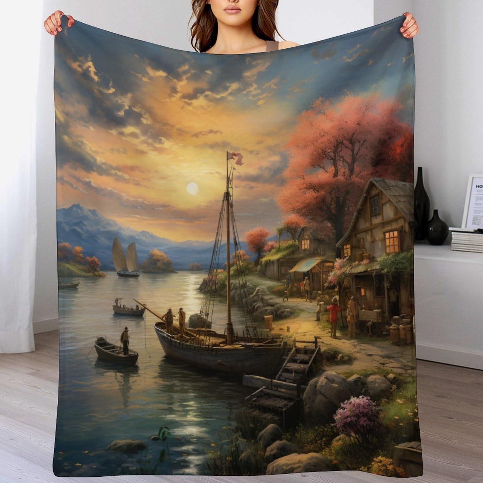 Couverture coucher de soleil sur le port : douceur et chaleur pour un intérieur cosy