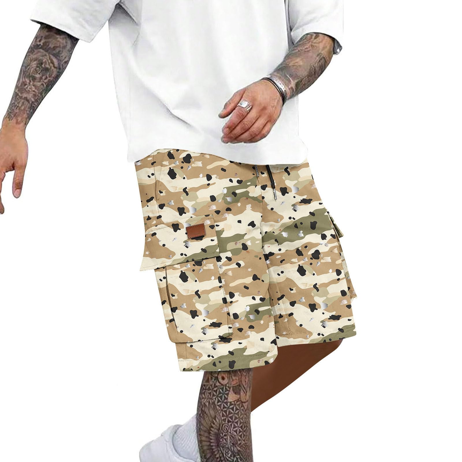 Camo Cargo Shorts for Men Elastic Waist Work Shorts Lightweight Camouflage Outdoor Camping Hiking Short with Pockets Pull On Short Big and Tall Construction Pants Camo Tactical Waterproof Pants