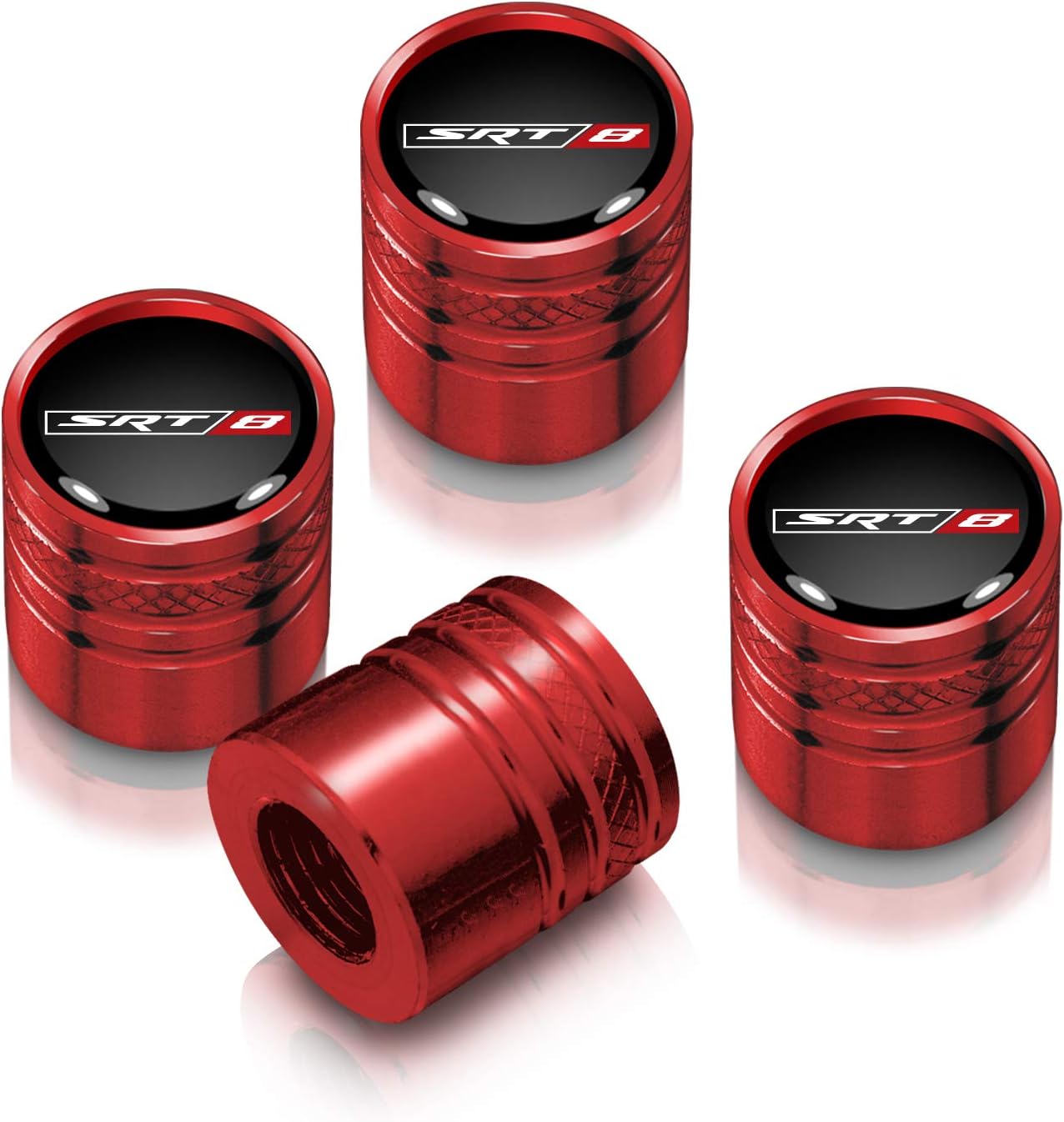 iPick Image for SRT-8 Black on Red Aluminum Cylinder-Style Tire Valve Stem Caps for Dodge Jeep