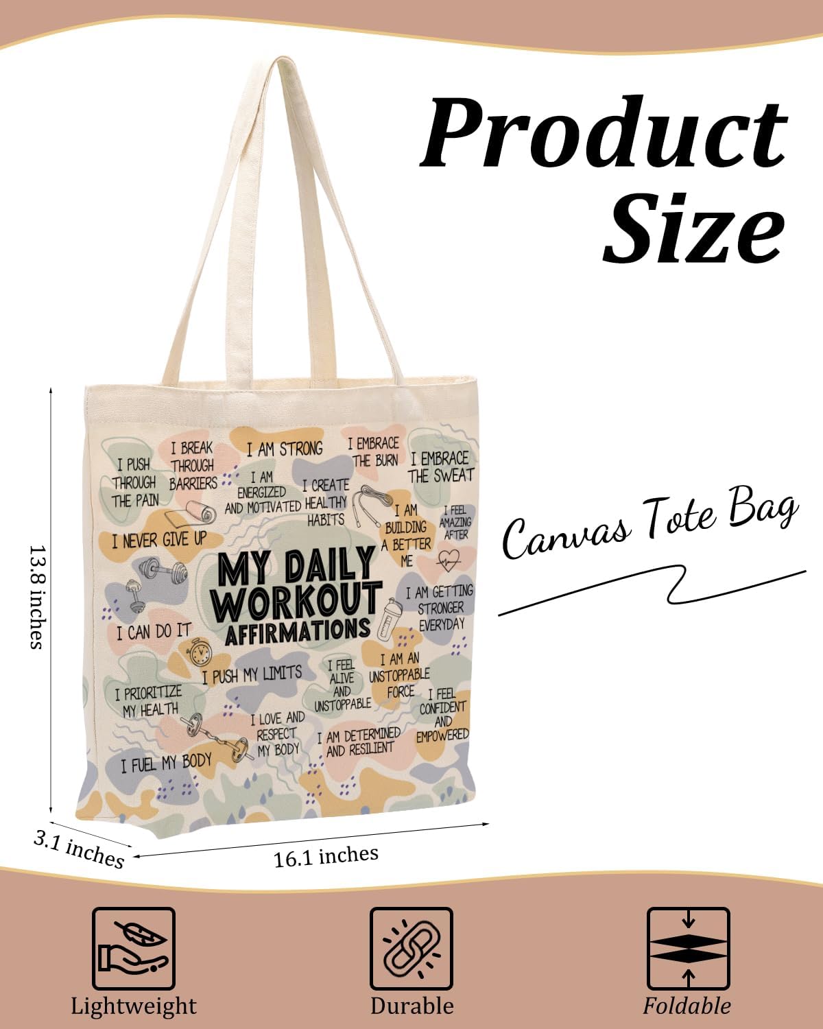 Self Love Daily Affirmations for Women, Inspirational Mom Teacher Nurse Christian Gifts Canvas Tote Bag with Pocket - Image 4