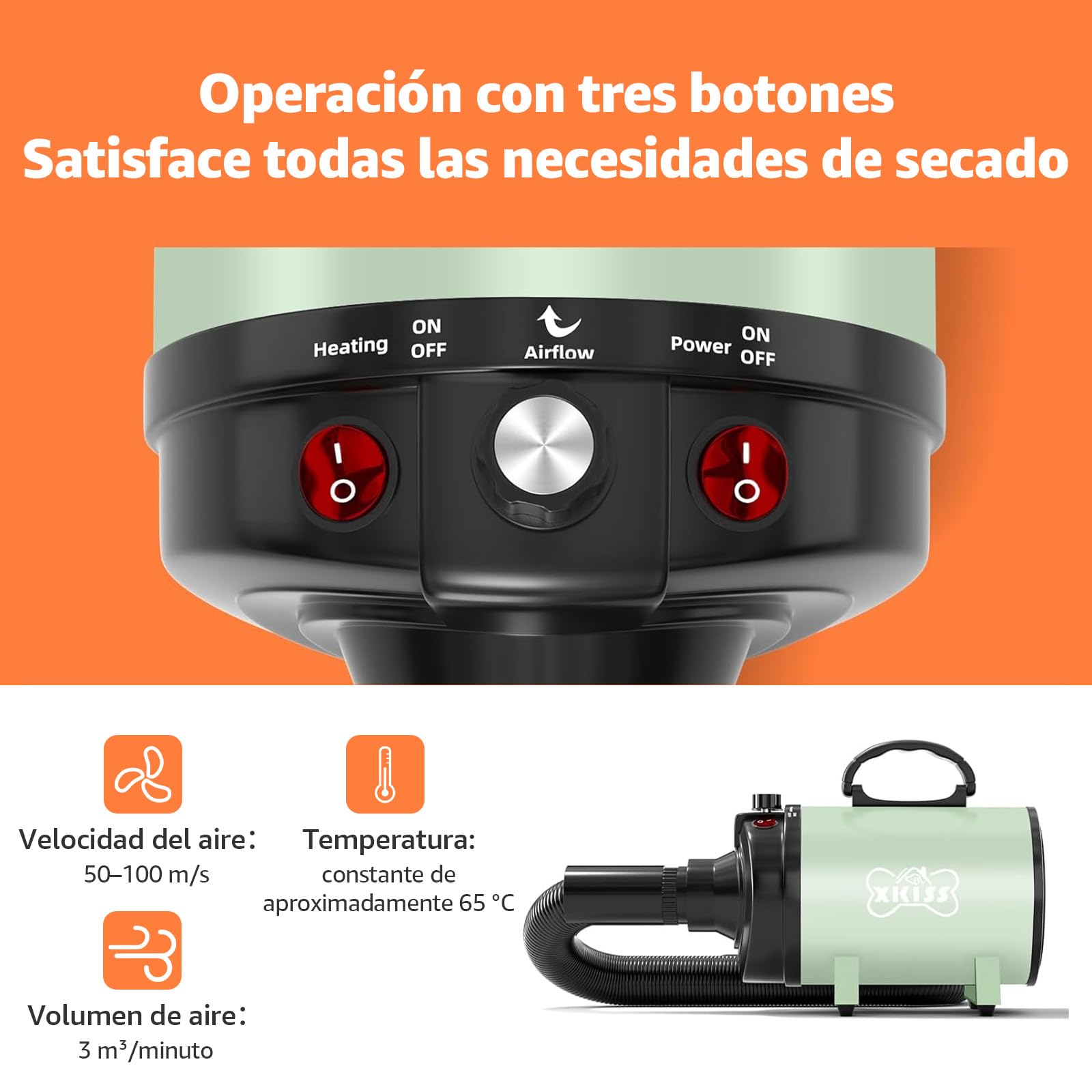 XKISS Soffiatore per Cani 2800W Asciugatore per Cani Continua con velocità e Temperatura Regolabile Asciugacapelli per Animali Domestici，Grooming Cane Animali，con 4 Accessori(Verde)