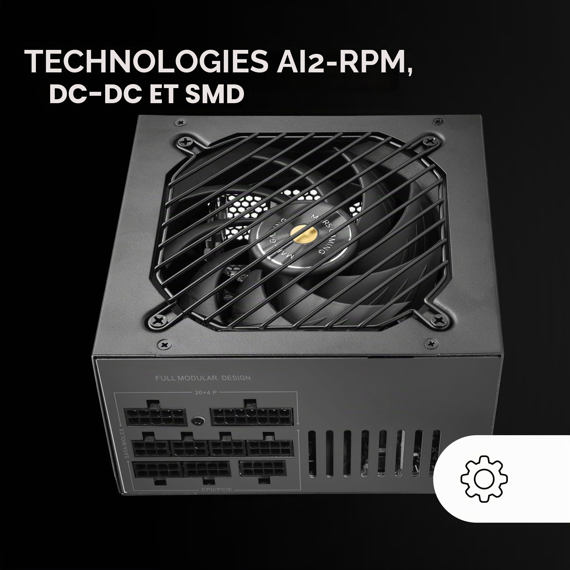 MARS GAMING MPB850SIM, Alimentation ATX 850W Full Modulaire, Garantie 7 Ans, 80Plus Bronze 230V EU, 90% Efficacité, Ventilateur SI Extreme Silence 140mm, Technologies AI2-RPM, DC-DC et SMD, Noir