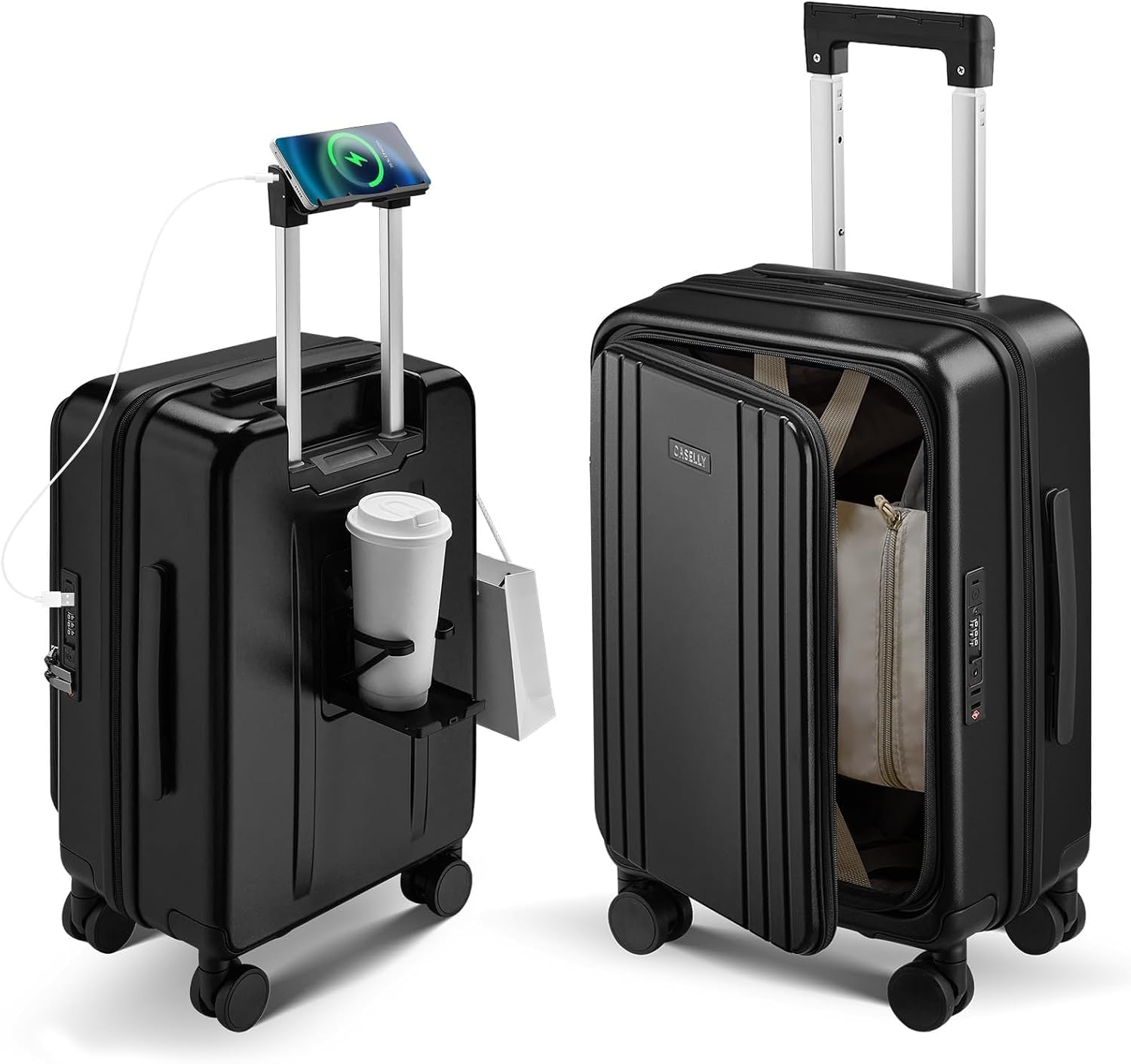 Carry On Luggage Top Opening with Cup Holder & Phone Holder, Expandable PC Hard Shell Suitcase with USB Charging Port, Side Hook, 360° Spinner Wheels, TSA Lock & YKK Zippers thumbnail