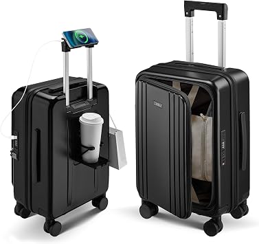 Carry On Luggage Top Opening with Cup Holder & Phone Holder, Expandable PC Hard Shell Suitcase with USB Charging Port, Side Hook, 360 Spinner Wheels, TSA Lock & YKK Zippers