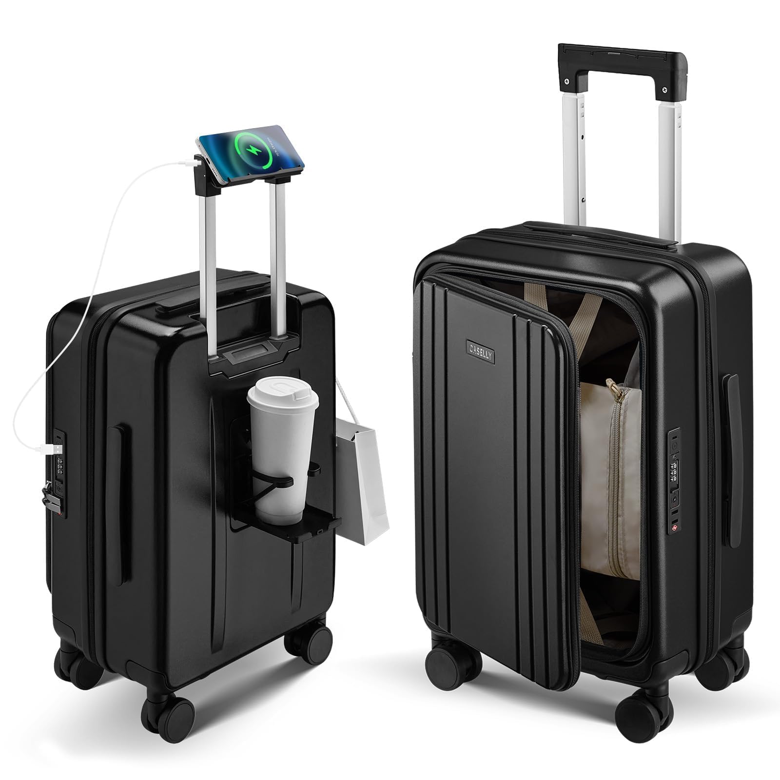 Carry On Luggage Top Opening with Cup Holder &amp; Phone Holder, Expandable PC Hard Shell Suitcase with USB Charging Port, Side Hook, 360° Spinner Wheels, TSA Lock &amp; YKK Zippers