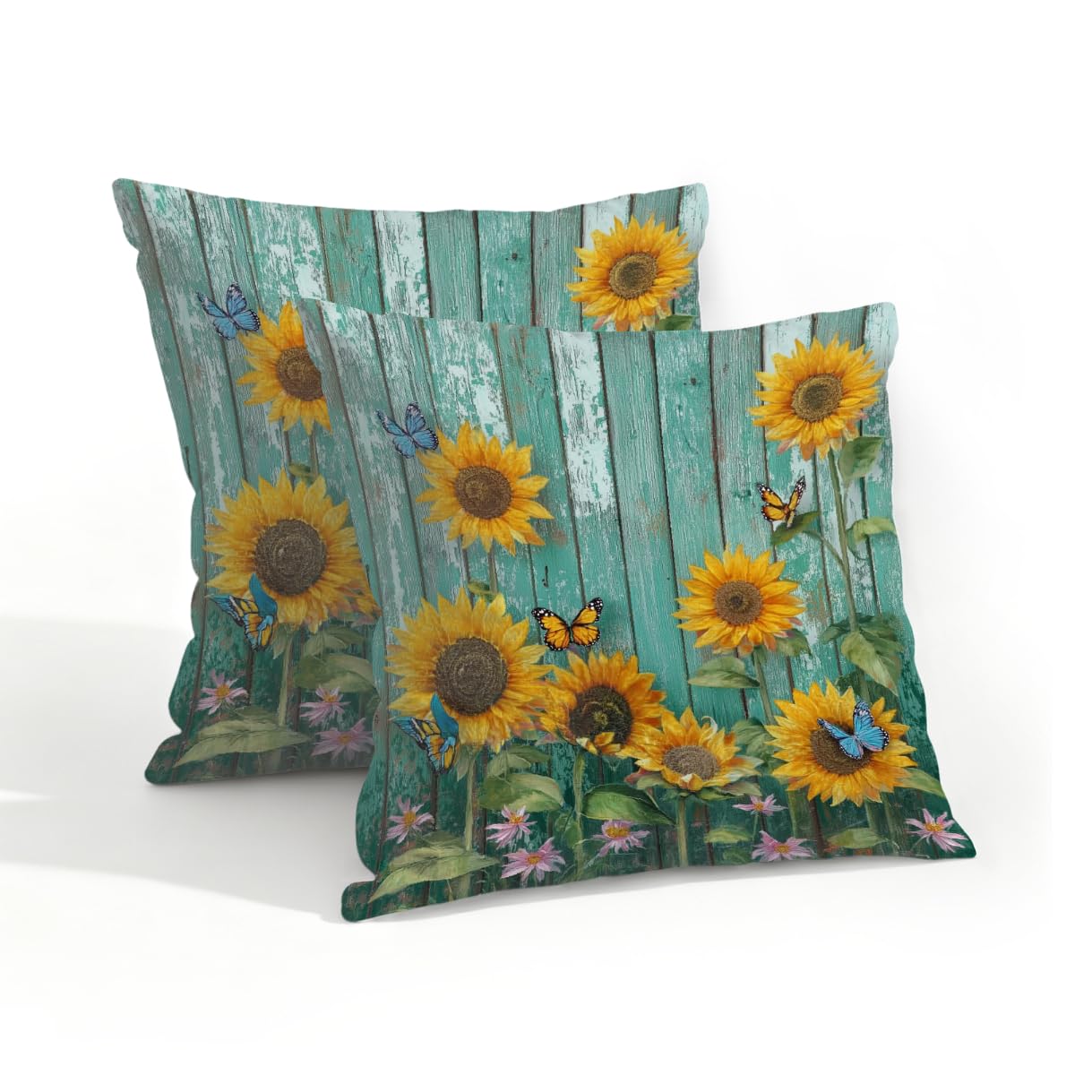 Outdoor Pillow Covers Waterproof Pillowcases 18x18in Set of 2 Sunflowers Butterfly On Old Teal Wooden Decorative Throw Cushion Case for Couch Sofa Garden Patio Furniture