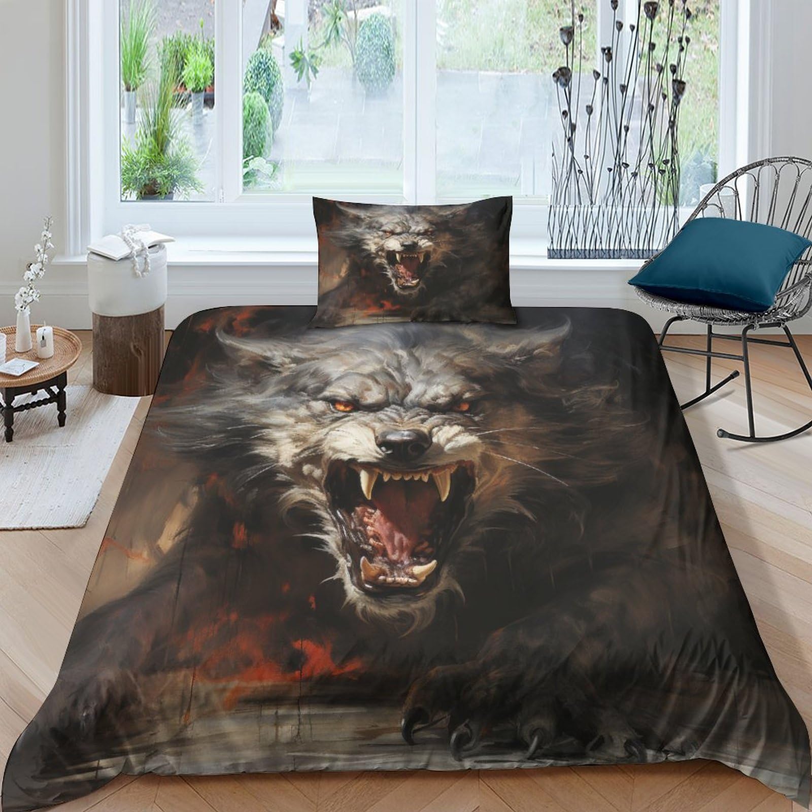 GEEYOU Wolf Pack Warmth to Sleep Quilt Cover Set Hidden Zipper Wolf King Duvet Cover Set with Pillowcases Bedding Set Soft Microfiber Comforter Cover Various Sizes Single（135x200cm）