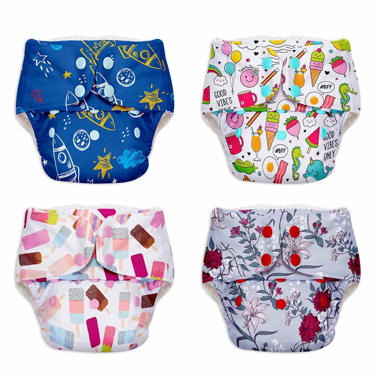 SuperBottoms BASIC EASY - Pack of 4 Assorted Freesize Washable & reusable waterproof adjustable cloth diaper for babies - Outer Shell only