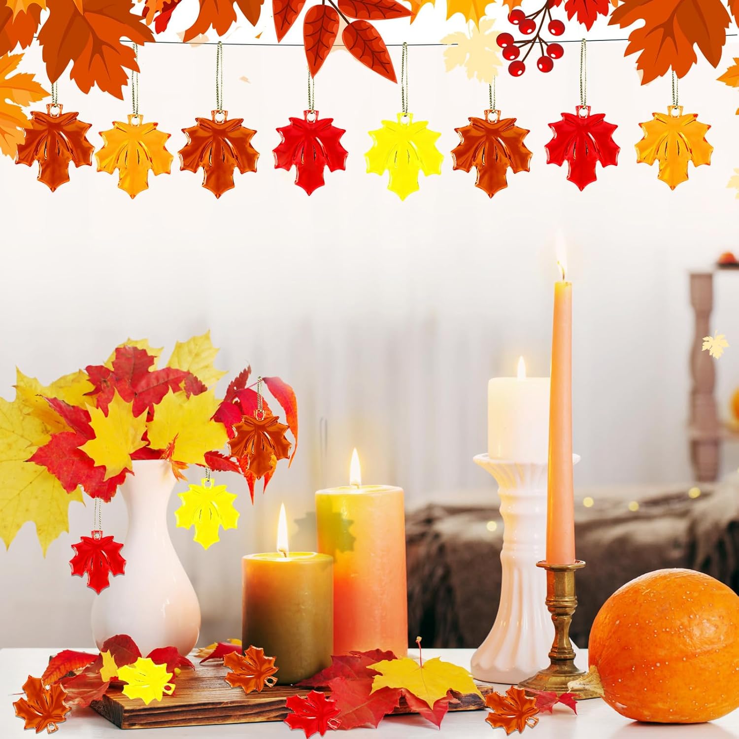  36PCS Mini Acrylic Thanksgiving Maple Leaf Ornaments Fall Leaves Hanging Ornaments for Tree Autumn Maple Pendants with String for Party Favors Decor - Image 4