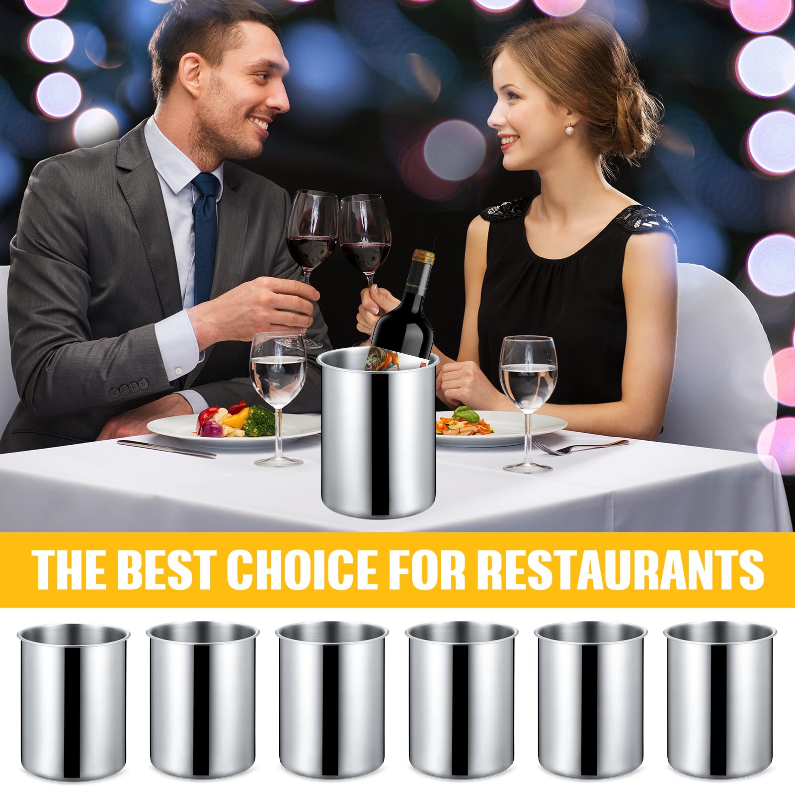 Domensi Cubeta enfriadora de vino de acero inoxidable de 2,5 L, para botellas de vino, mantiene el frío durante horas, enfriador de botellas de vino, aislado, para champán, cerveza, hielo, 6 unidades