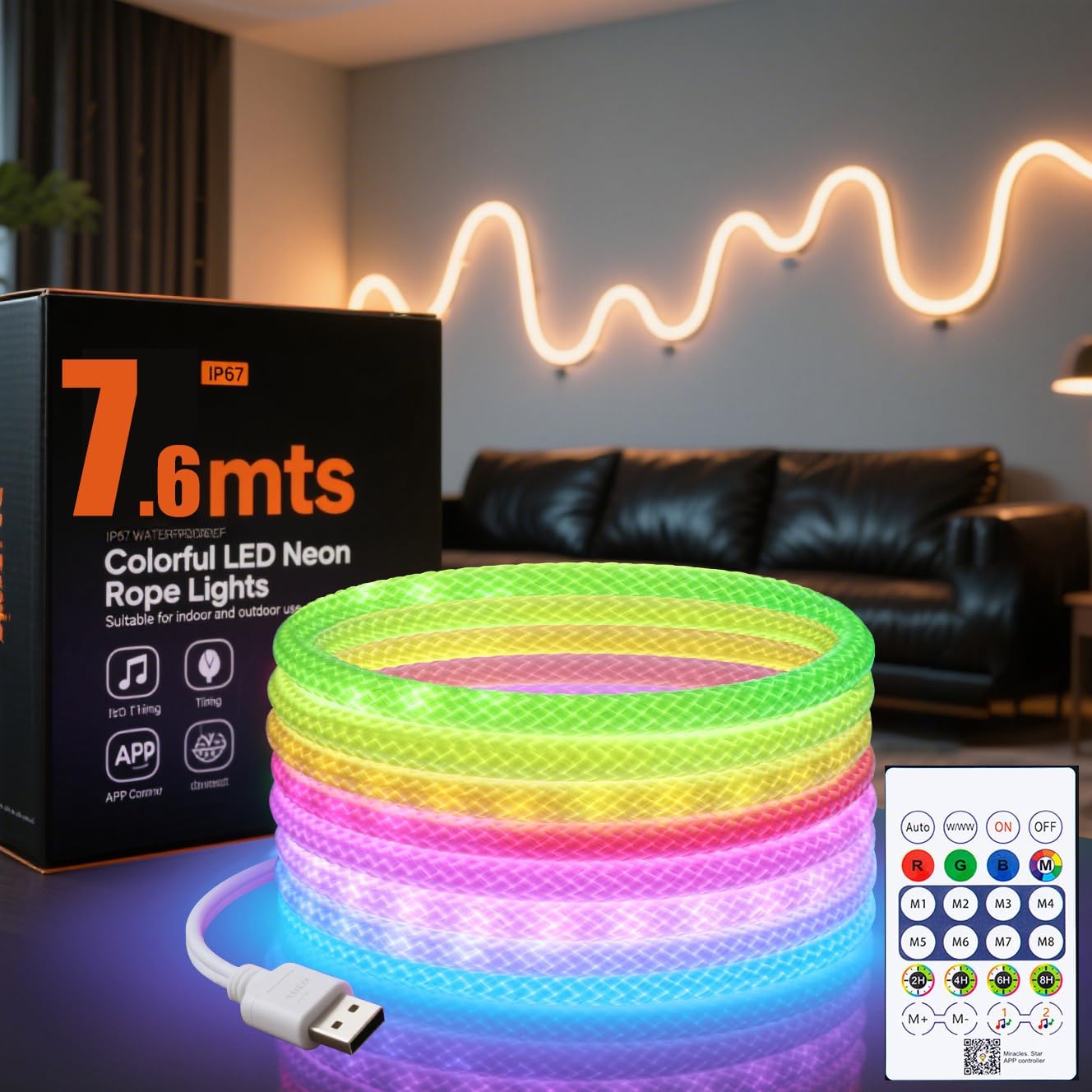 25ft LED Rope Lights 360 Degree Illumination, 5V USB Portable neon Light Strip,Neon Lights Suitable for Parties, Halloween, terraces, Christmas Camping Decoration, DIY