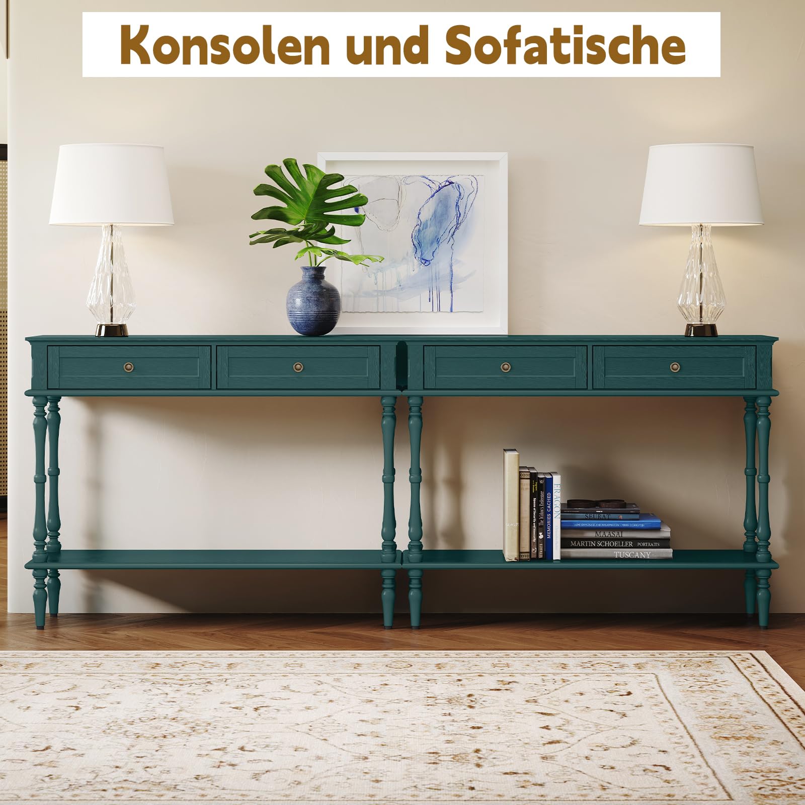 Konsolentisch mit Schubladen, Grün Konsolentisch Schmal Holz mit Schublade Konsolentische fürs Wohnzimmer, Eingang, Hausflur, Schlafzimmer