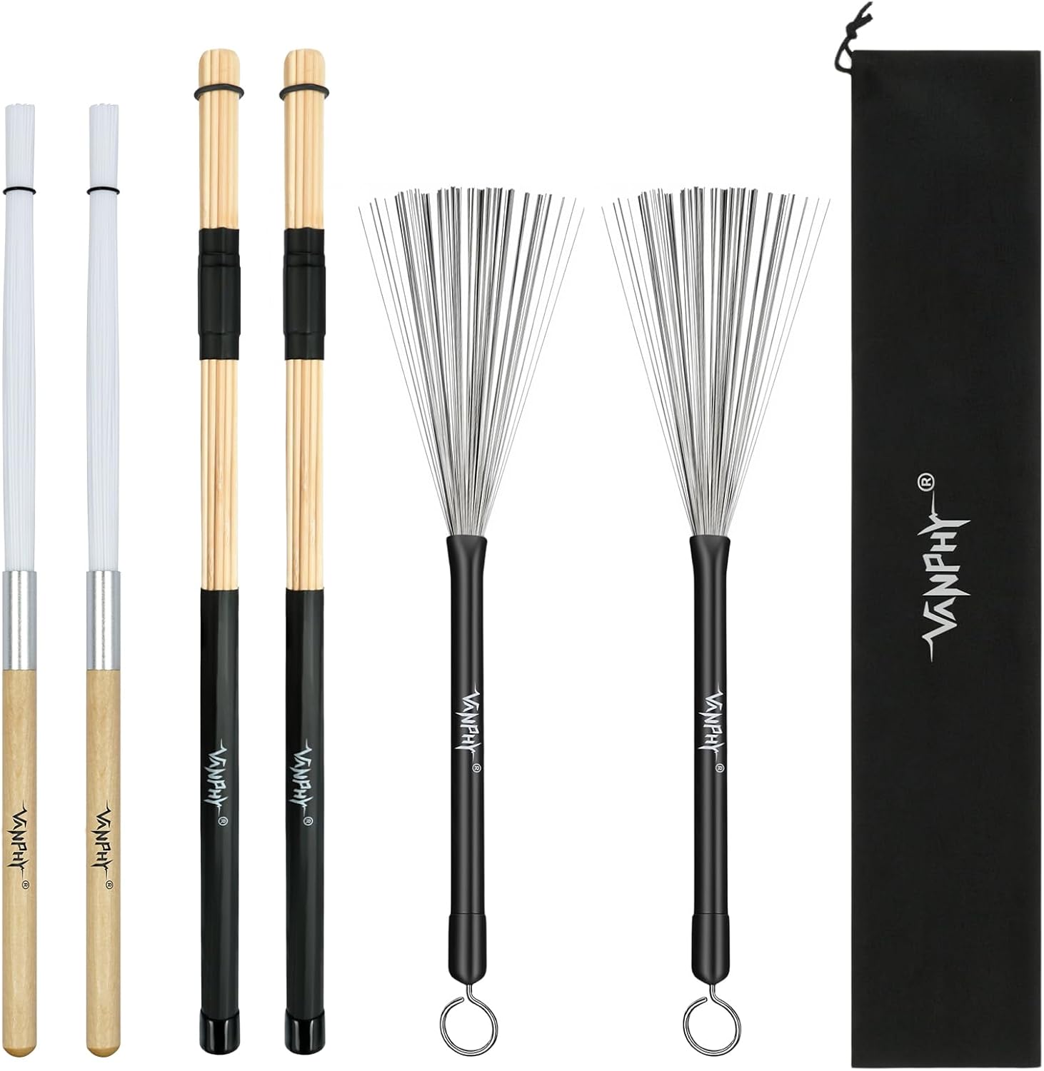 Drum Brushes Set–3 Pack (Jazz Drum Brushes Bamboo Drumsticks Nylon Drum Brushes) with Black Bag for Snare Cajon Jazz Drumming Percussion Practice Performance