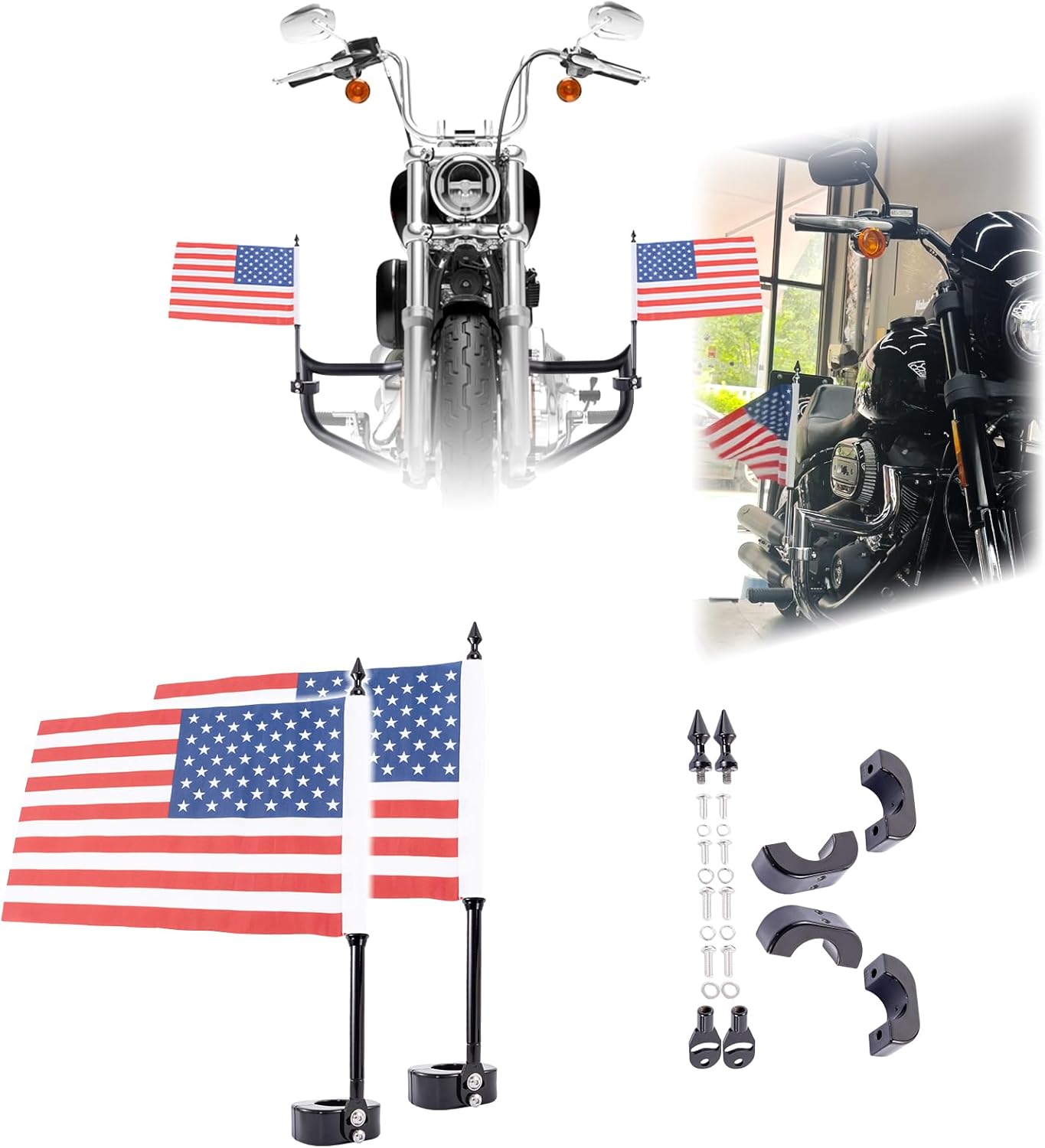 Kinglemc Engine Guard Crash Bar Freeway Bar Pole Holder Mount Bracket Clamp with American Flag Fit 1.25 Highway Bar (Black)