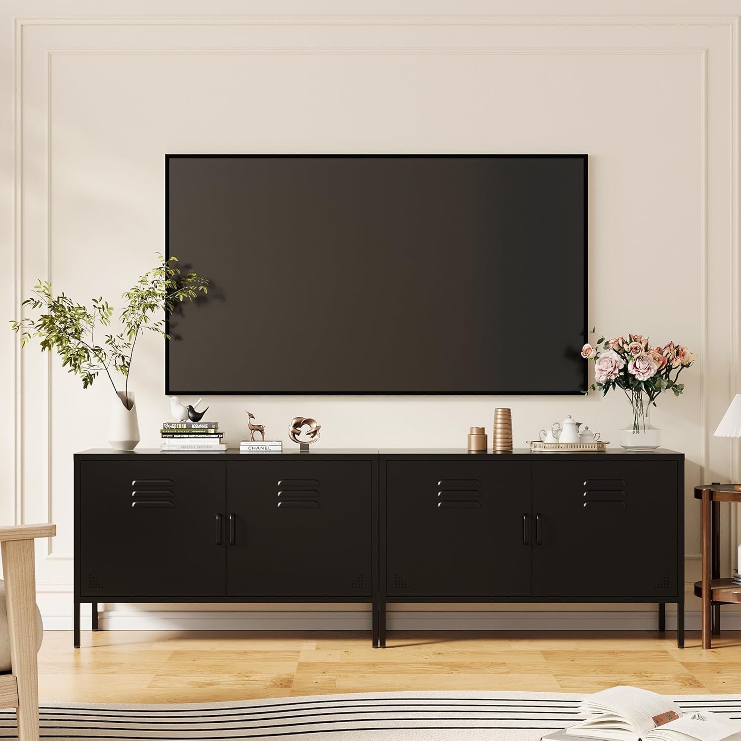 Metal Storage Cabinet with 2 Doors and Adjustable Shelves, Wide Metal Locker, Low Storage Cabinet, Accent Cabinet, TV Stand, Media Cabinet for Home, Office, Living Room, Kitchen, Music Studio, Black