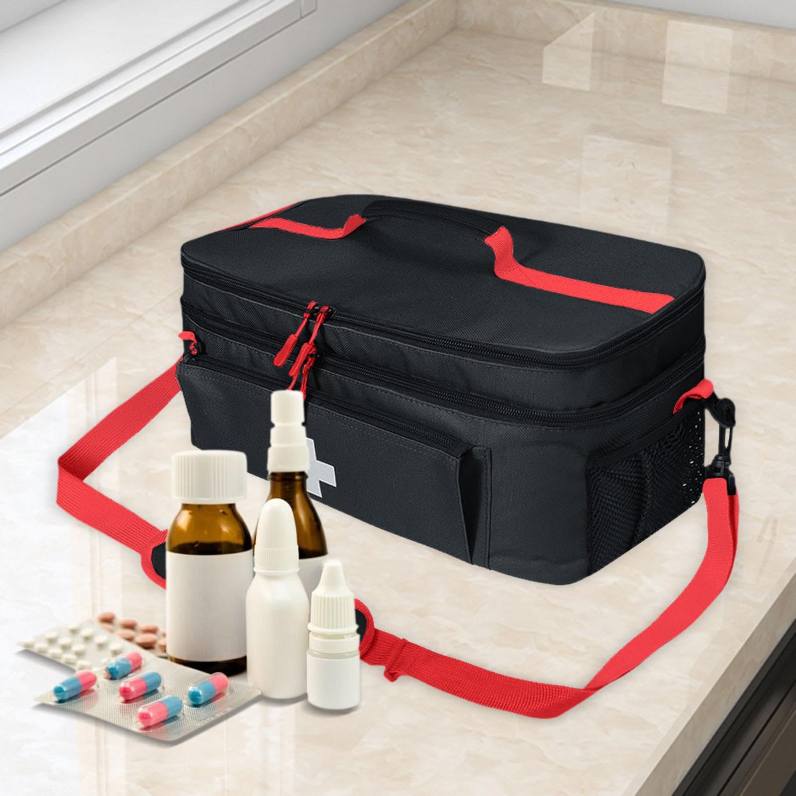predolo Erste Hilfe Tasche Medizinorganizer Medikamentenaufbewahrung Notfalltasche mit Herausnehmbaren Trennwänden aus Strapazierfähigem Polyester für, Schwarz