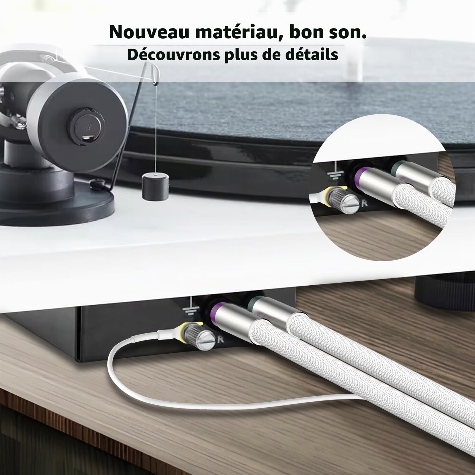 Tertullus Câble phono avec terre - 1 m - Blindage argenté - Câble de bras de lecture OFC plaqué argent - Câble RCA RCA - Câble de terre - Connecteurs plaqués or - Pour platine disque, amplificateur