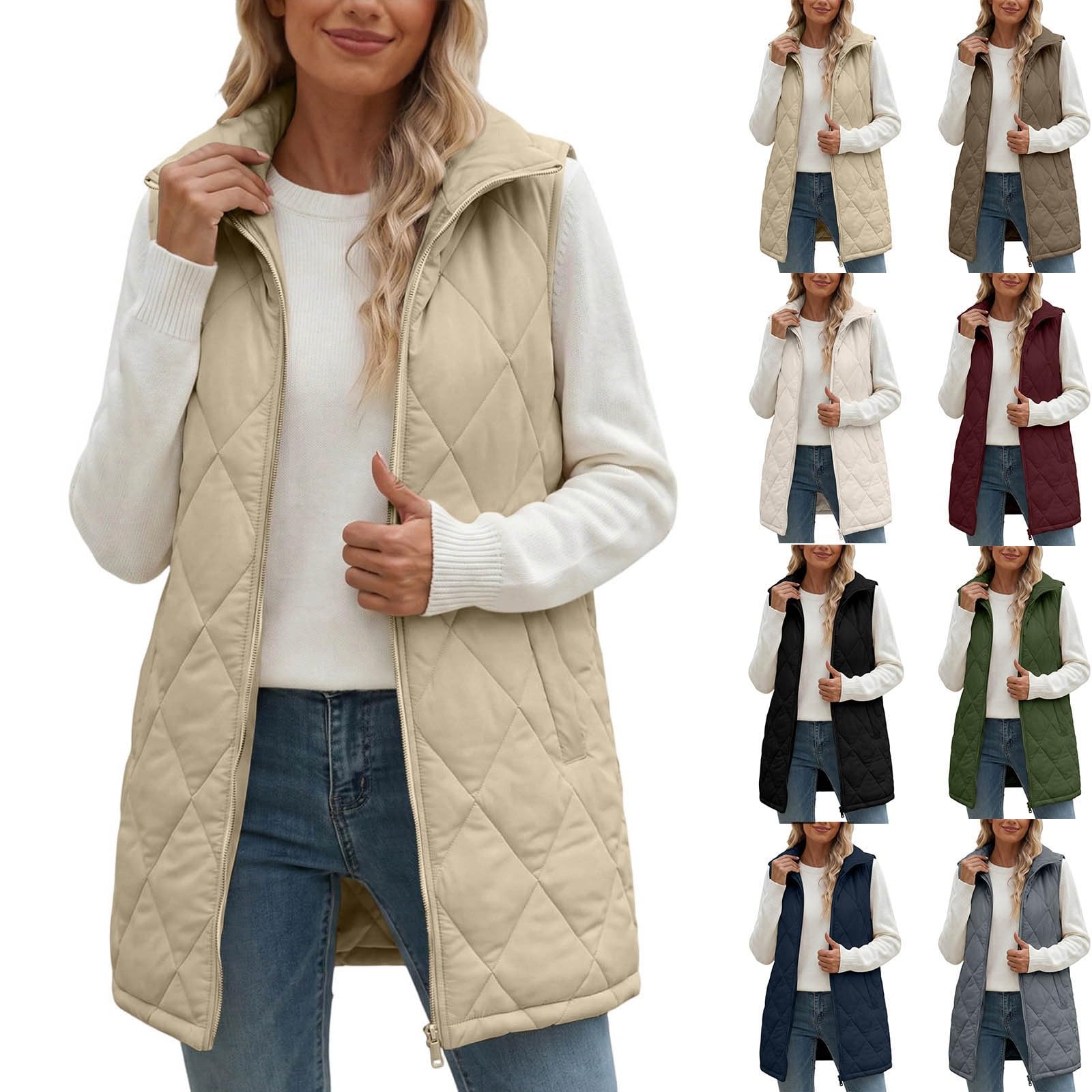 KQIVAM Weste Damen Lang Ohne Kapuze Revers Steppweste Damen Winterjacke | Ärmellos Winterjacke Warm Elegant Wintermantel Frauen mit Reissverschluss Steppjacke Ohne Ärmel Jacke Mit Kragen Damen-Jacken