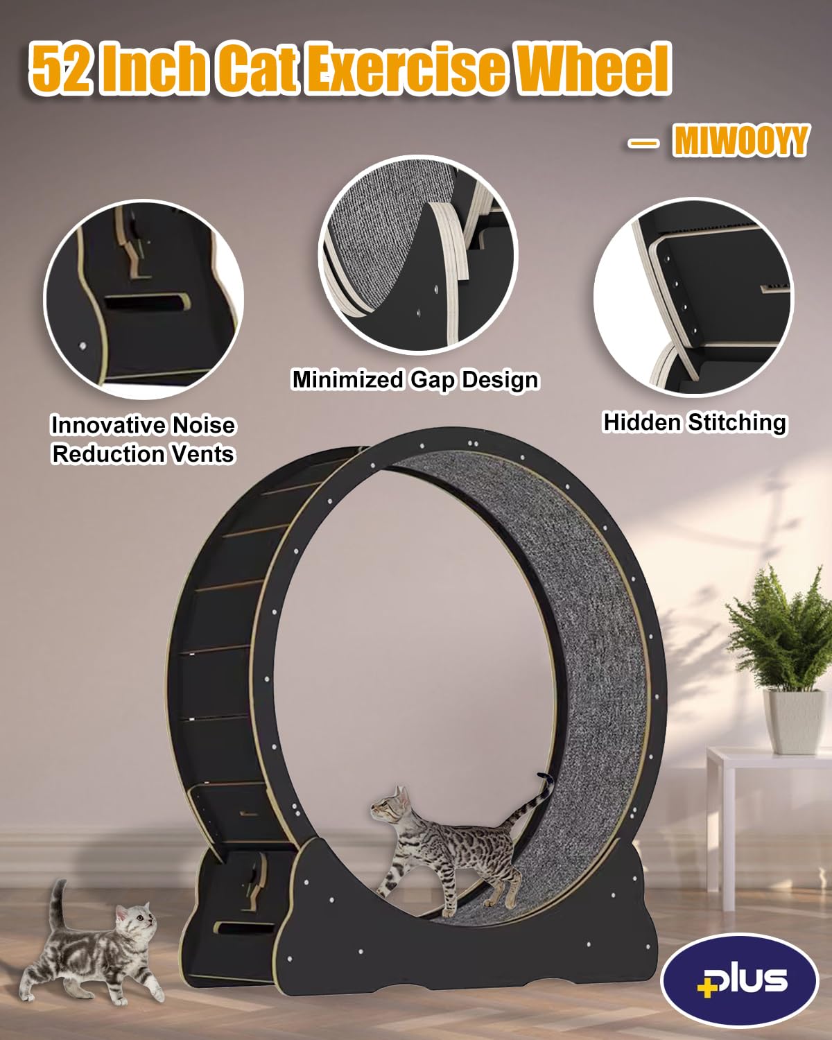 Ruota per Gatti Grandi per Correre 132cm, Tapis Roulant per Gatti in Legno Massello Nero per Interno, Ruota per Esercizi di Sicurezza con Serratura & Design del Gap Ridotto al Minimo