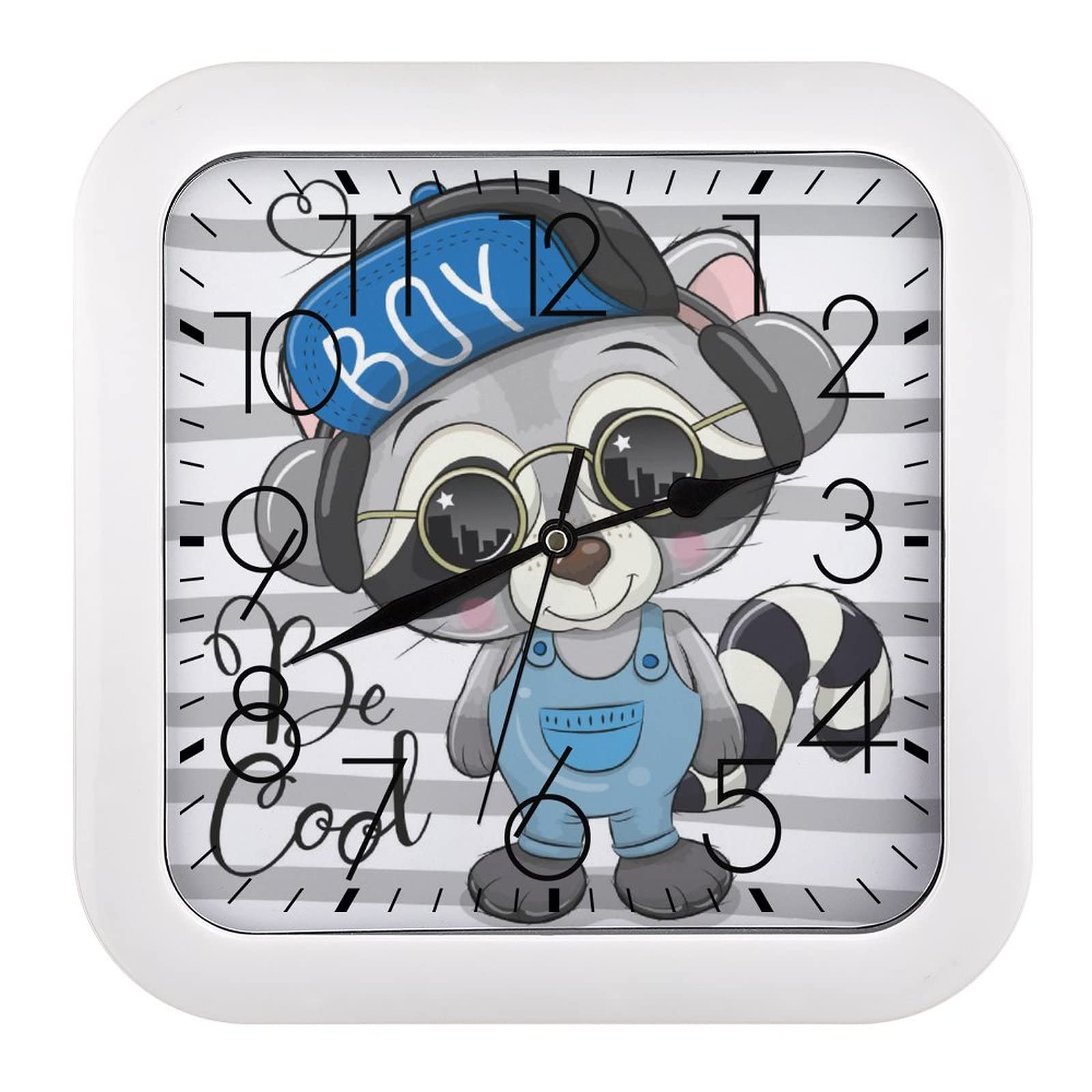 Horloge murale carrée grands chiffres raton laveur déco salon chambre 26cm