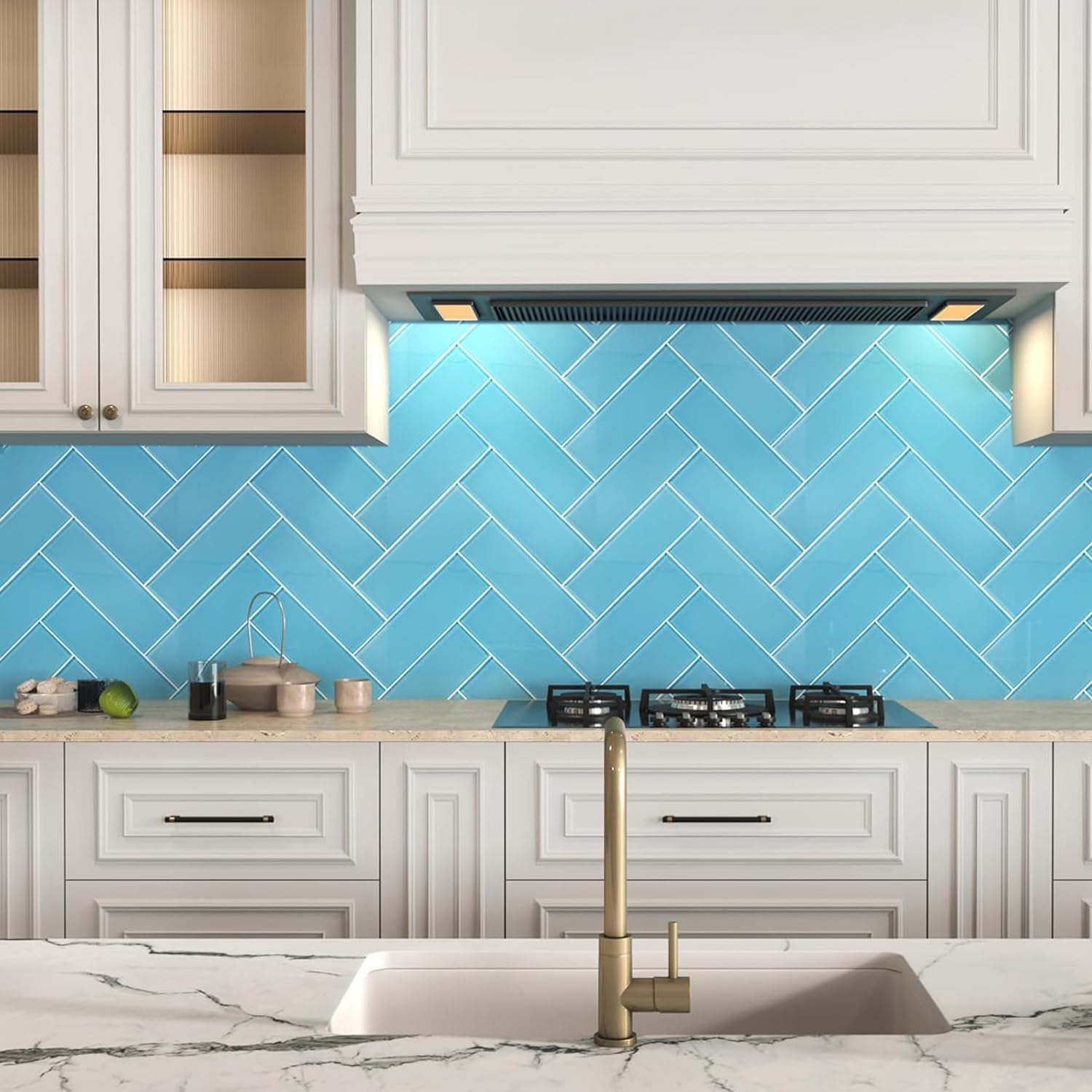 Diflart Blue Glass Subway Tile, 4x12 Inch, Glass Backsplash Tile for Kitchen Shower Bathroom Wall Tile(12 Pcs, 4 Sq.Ft)