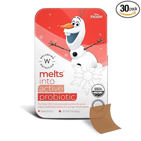 Wellbeing Nutrition Frozen Olaf Melts | Kids Organic Active Probiotic & Prebiotic, Vitamin C & D3 | 100% Natural for Healthy Gut, Digestion and Immunity | Sweet Cherry Flavor (30 Oral Thin Strips)