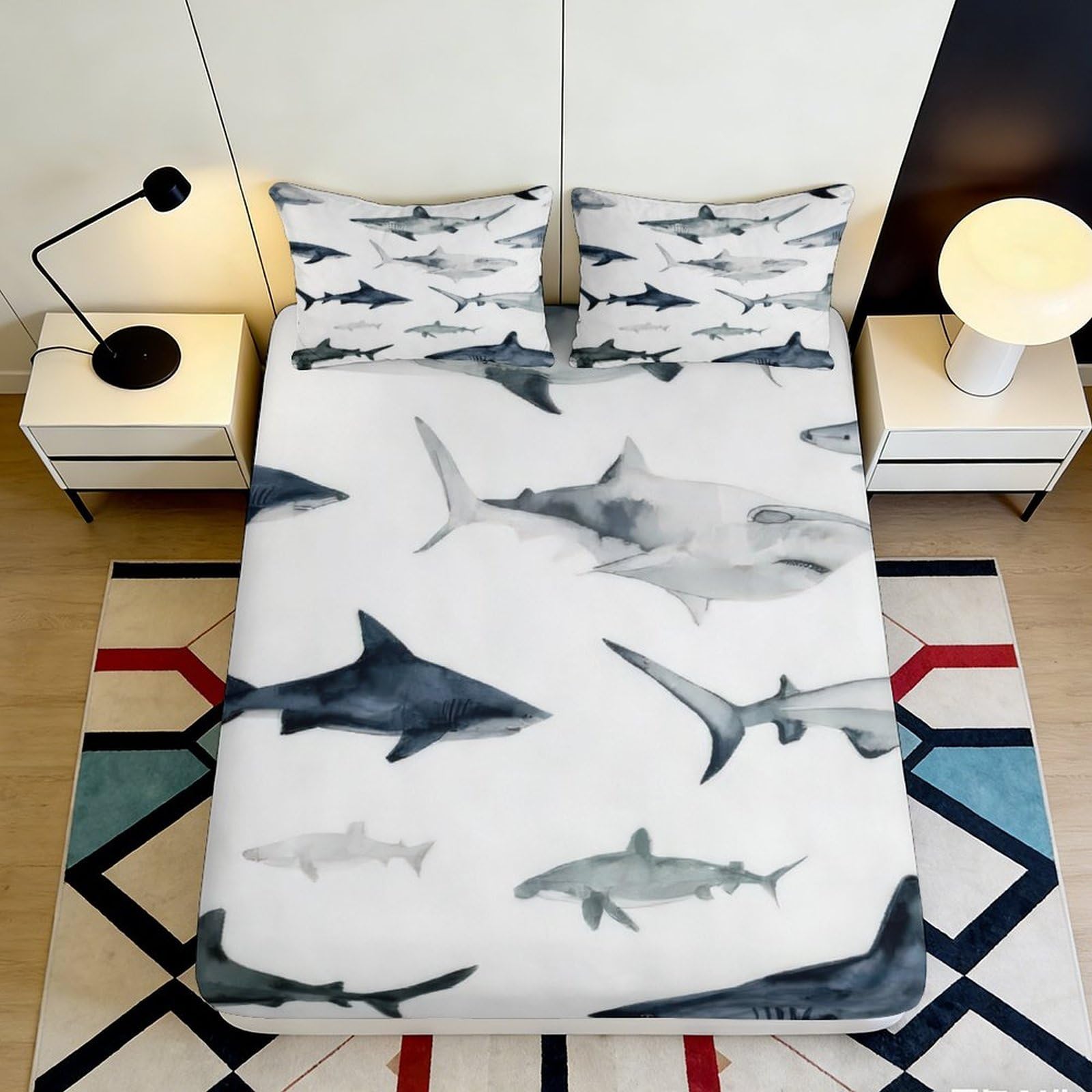 3D Printed Shark Ocean Fitted Sheet Microfiber Soft Breathable Sea Life Mattress Cover for Bedroom Guest Room Decor 90x200x25cm