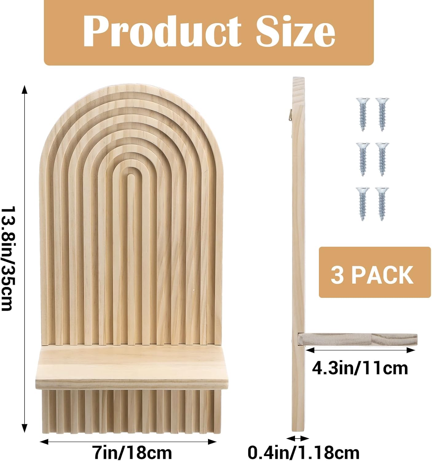 3 Pack Boho Wall Decor Set, 7” x 4.5” x 13.8” Natural Solid Wood Arch Wall Shelves, Mid-Century Modern 3D Hanging Shelves for Living Room, Bedroom, Bathroom, Farmhouse Candle Holder & Display