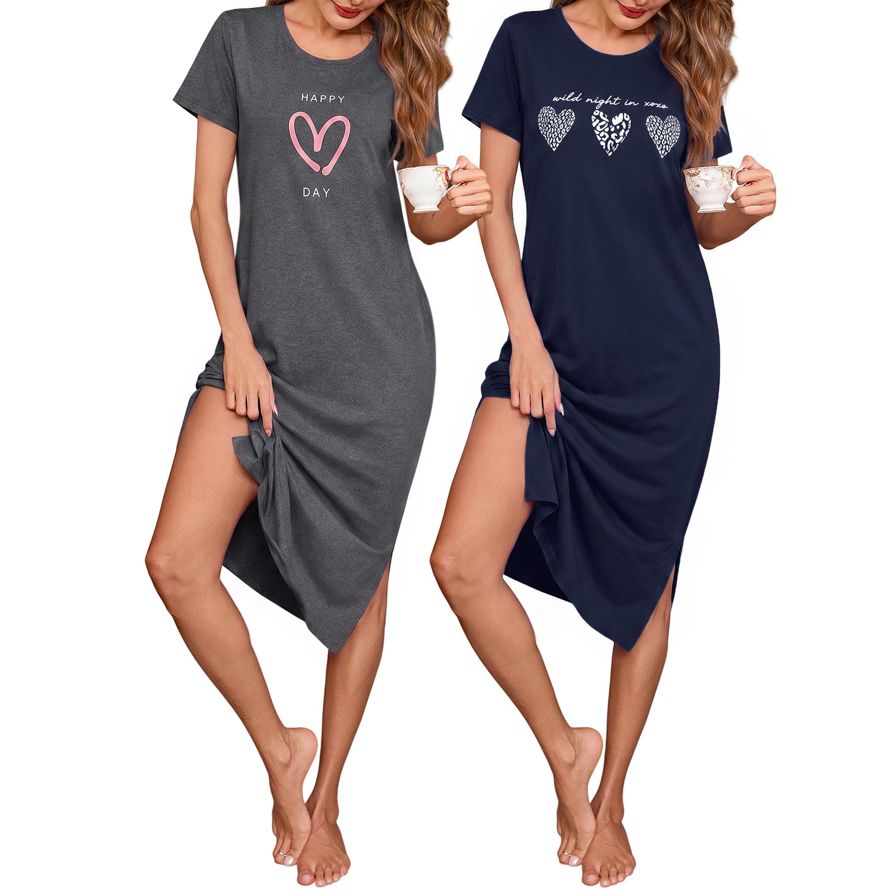 Jahetuul Nachthemd Damen 2er Pack Kurzarm Schlafshirt lang Baumwolle Nachtwäsche Damen bequemes Schlafkleid Hauskleid Loungewear mit Herzmuster